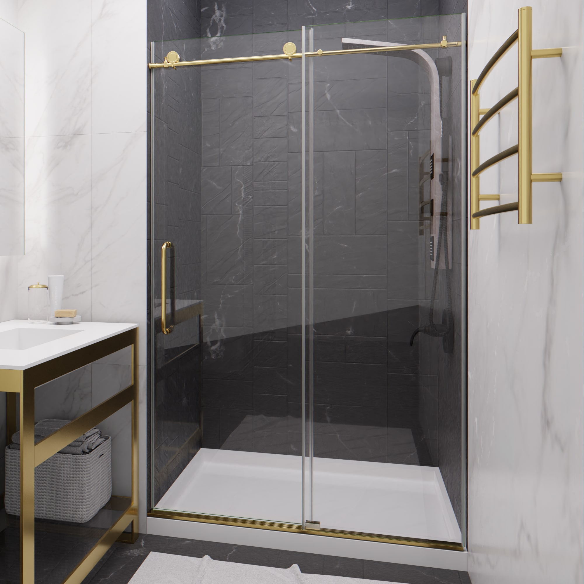 ANZZI SD-AZ13-01BG Madam Brushed Gold 48-in W x 76-in H Frameless Sliding Shower Door 3/8-in Thick Clear Glass