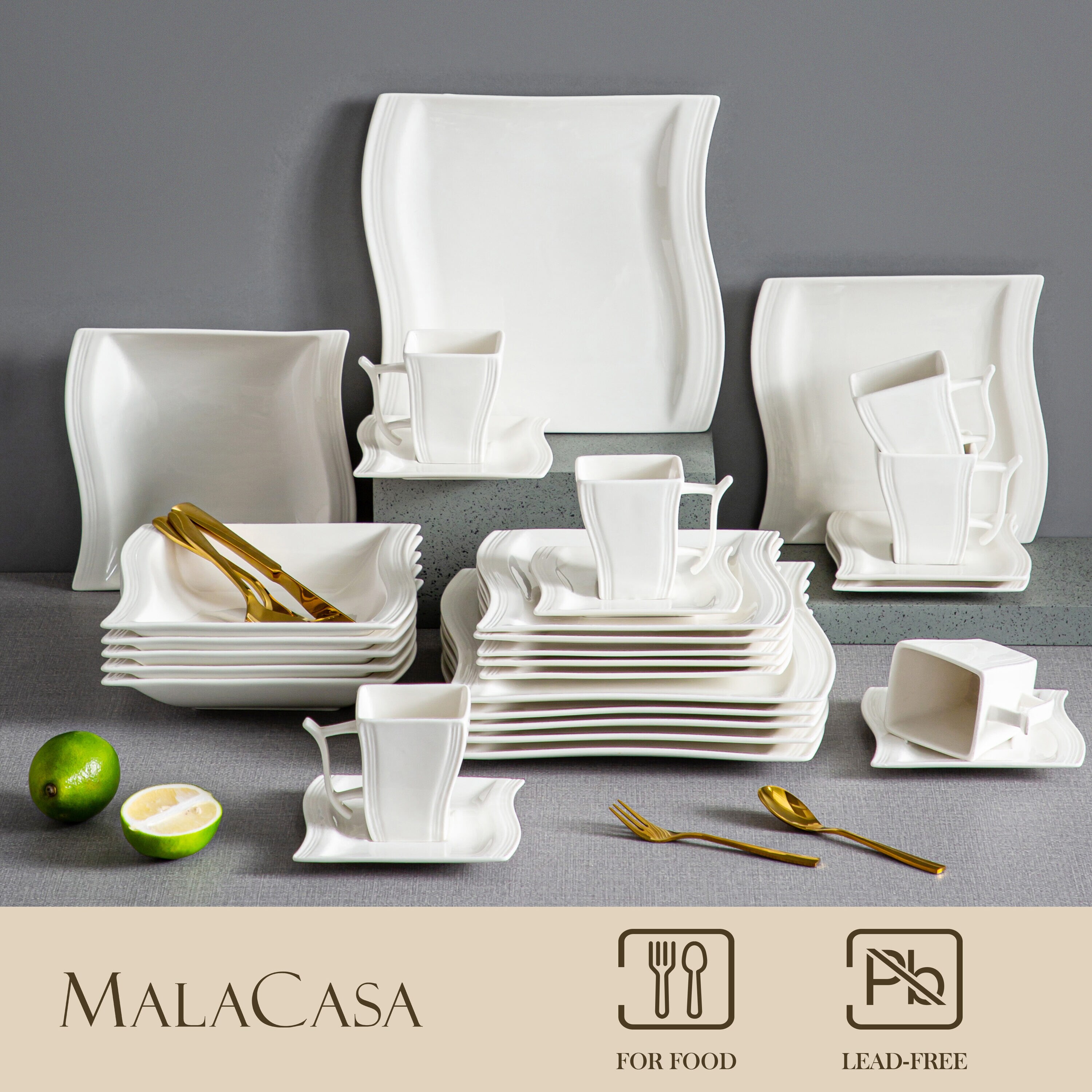 MALACASA, Series Flora, 42-Piece Porcelain Dinnerware Set, Marble Grey Dinner  Set, Service for 6 