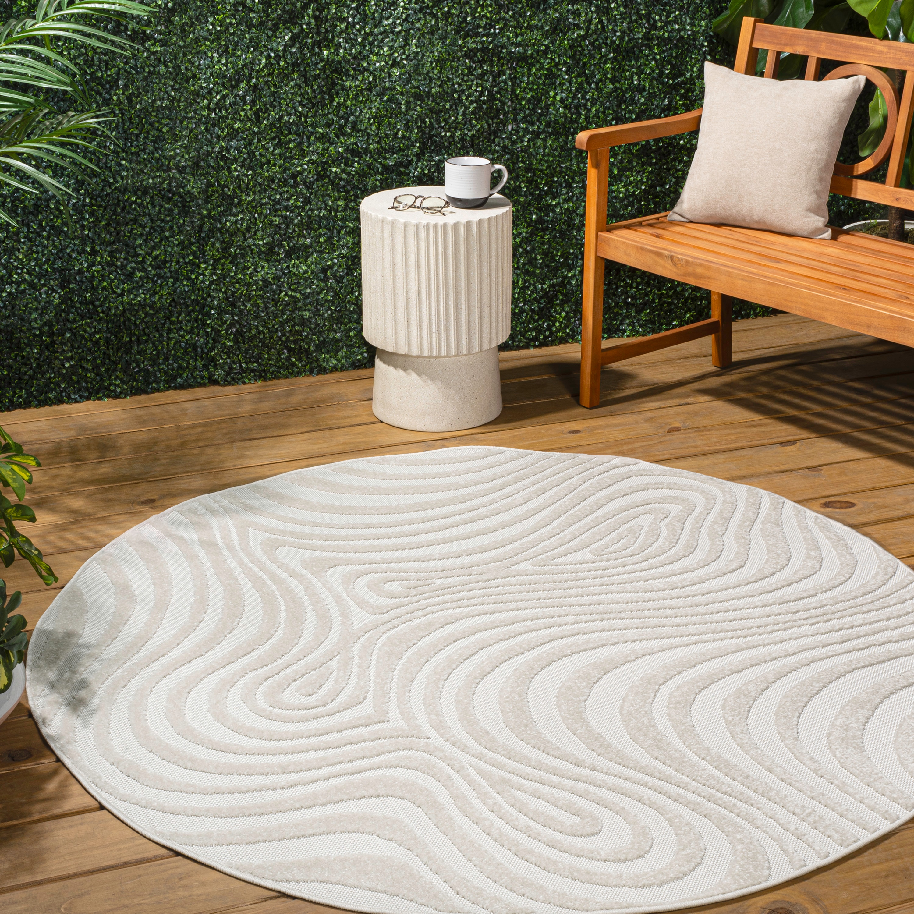 JONATHAN  Y SCN103A-5R SCANDINAVIAN Maribo High-Low Groovy Striped 5 x 5 (ft) Polypropylene Cream/Ivory Round Indoor Stripe Mid-Century Modern Area rug