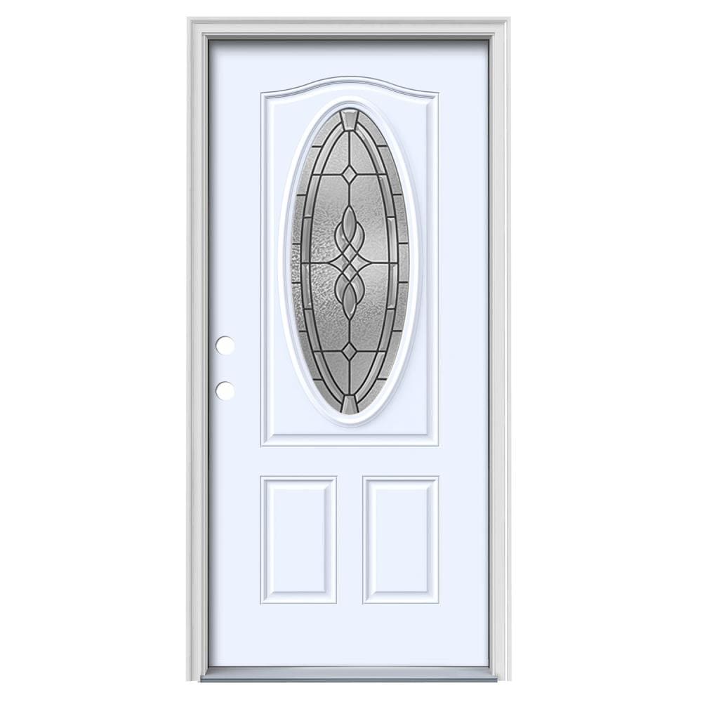 JELD-WEN LOWOLJW166800457 Hampton 36-in x 80-in x 4-9/16-in Steel Oval lite Right-hand inswing Primed Prehung Front Door with Brickmould Insulating core