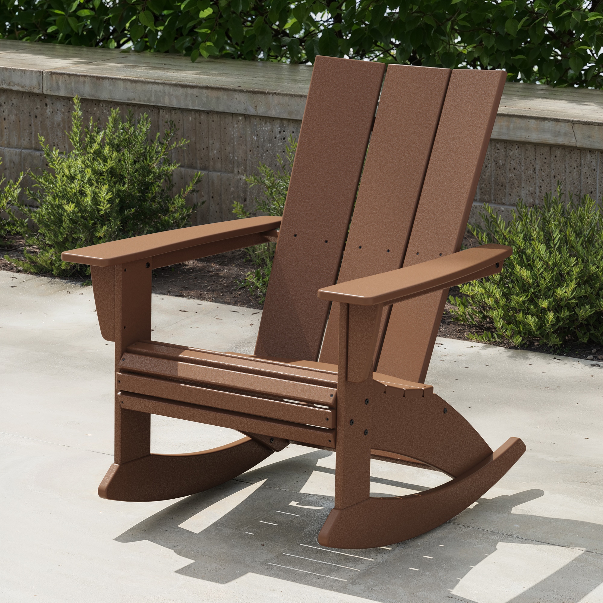 POLYWOOD ADR620TE Modern Adirondack Teak HDPE Frame Rocking Chair with Slat Seat
