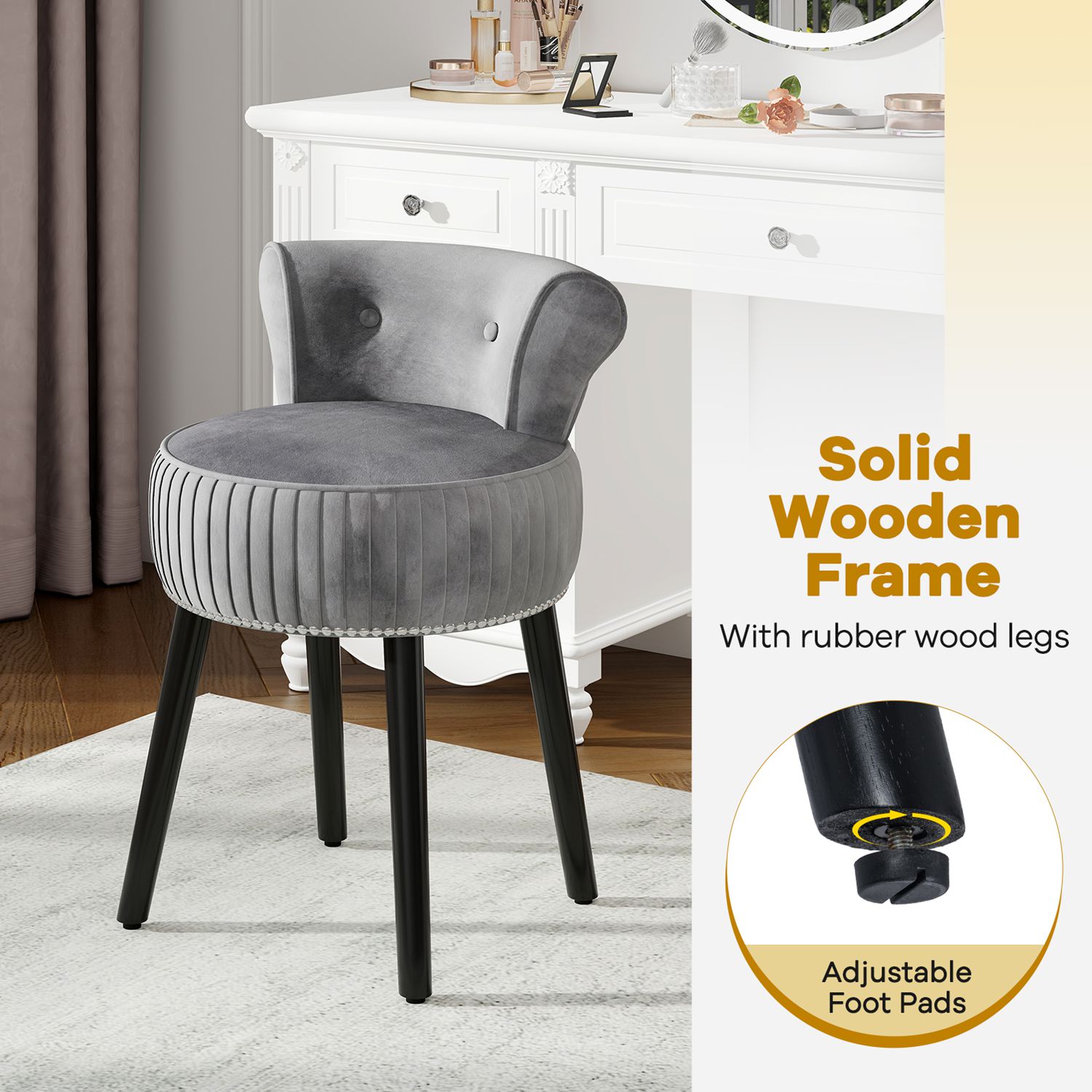 beach halter dresses Dressing Table Stool With Padded Seat, Wood In White Finish, Grey Cush main image 0