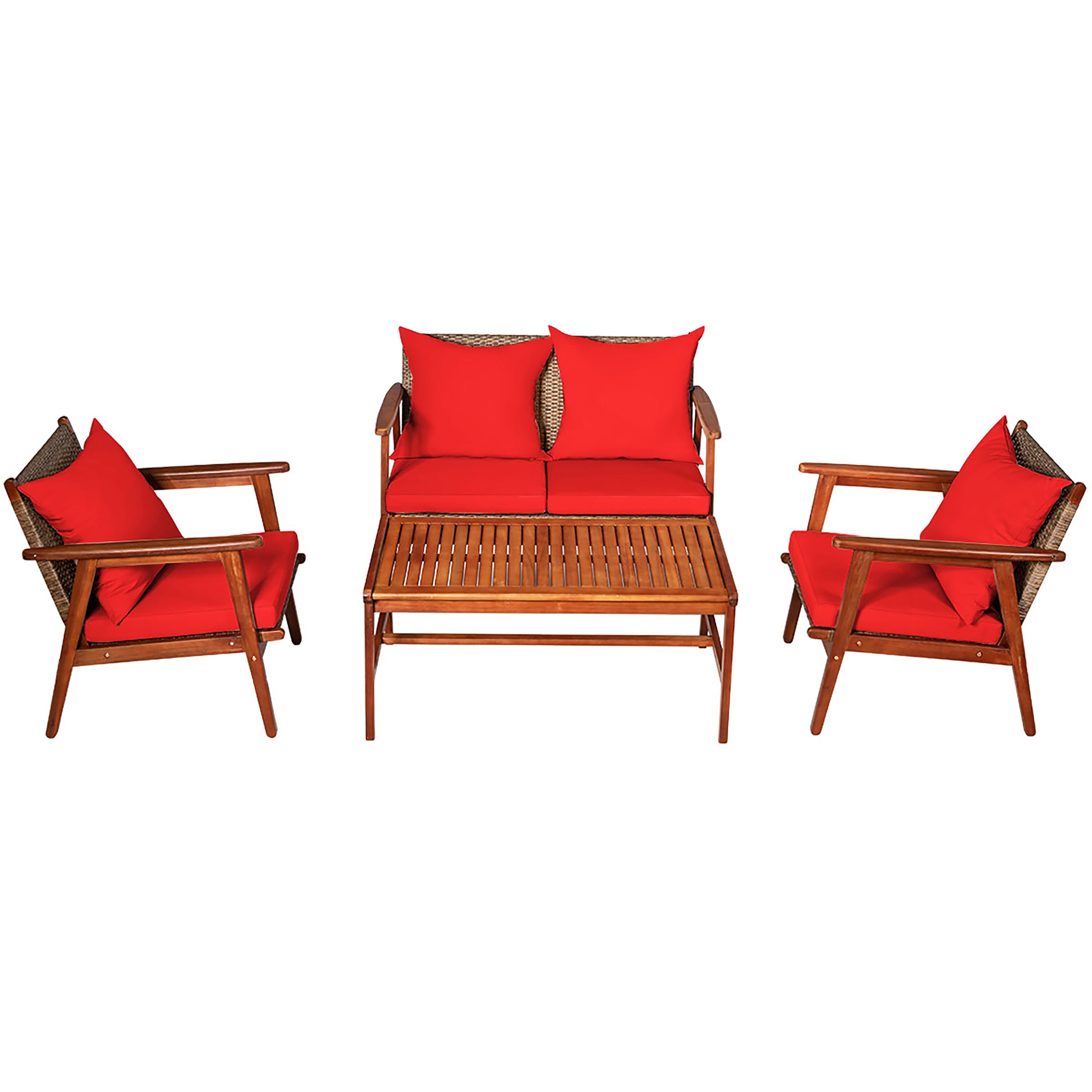 Costway HW68969RE+ 4-Piece Rattan Patio Conversation Set with Red Cushions