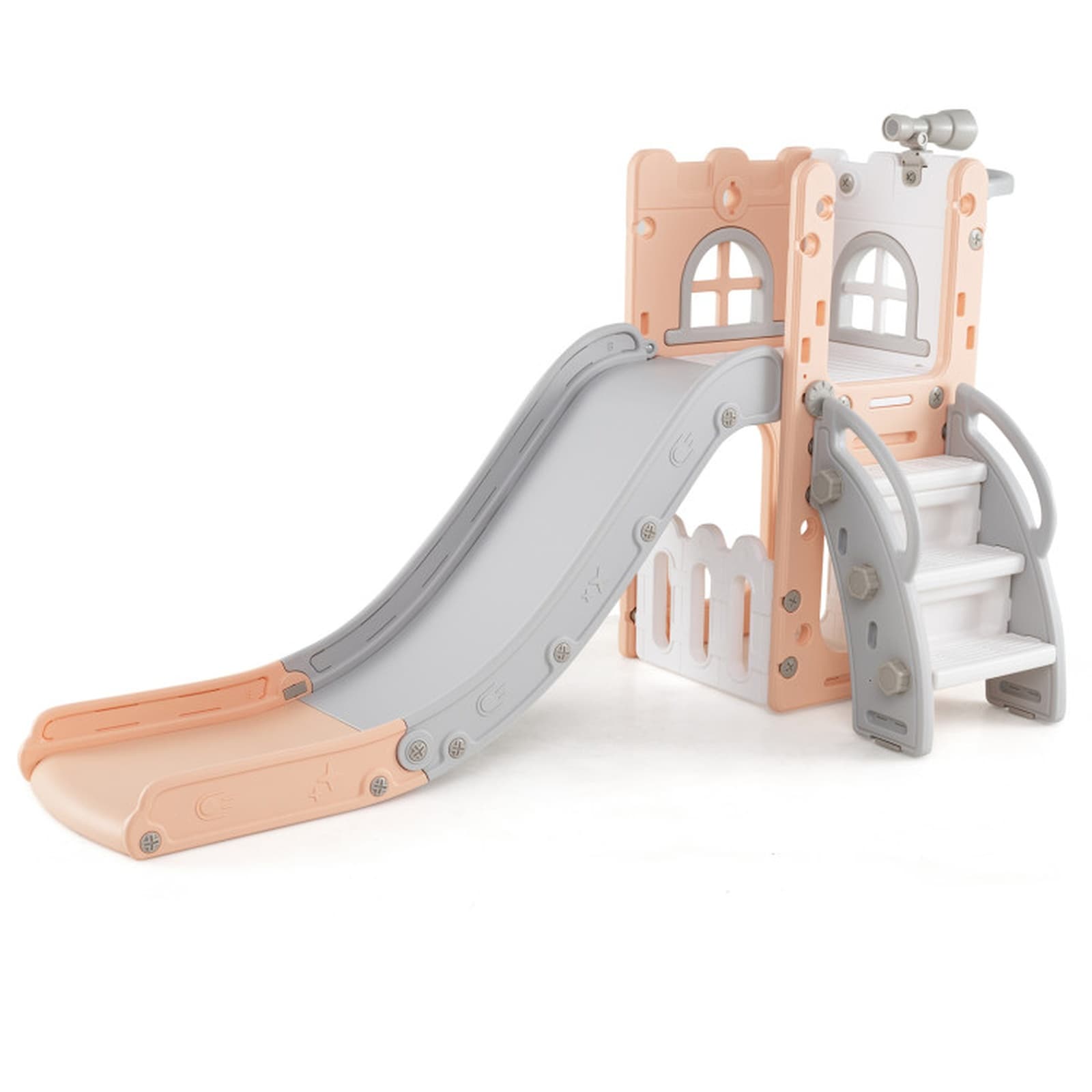 SUGIFT 6-in-1 Toddler Slide and Climber Playset with 51-in Slide Basketball Hoop Telescope Hiding Spot and Storage Area for Kids 1 to 3 Years Old HDPE Build 110-lb Capacity Enclosed Non-Slip Steps and Handrails - Basketball and Air Pump Included