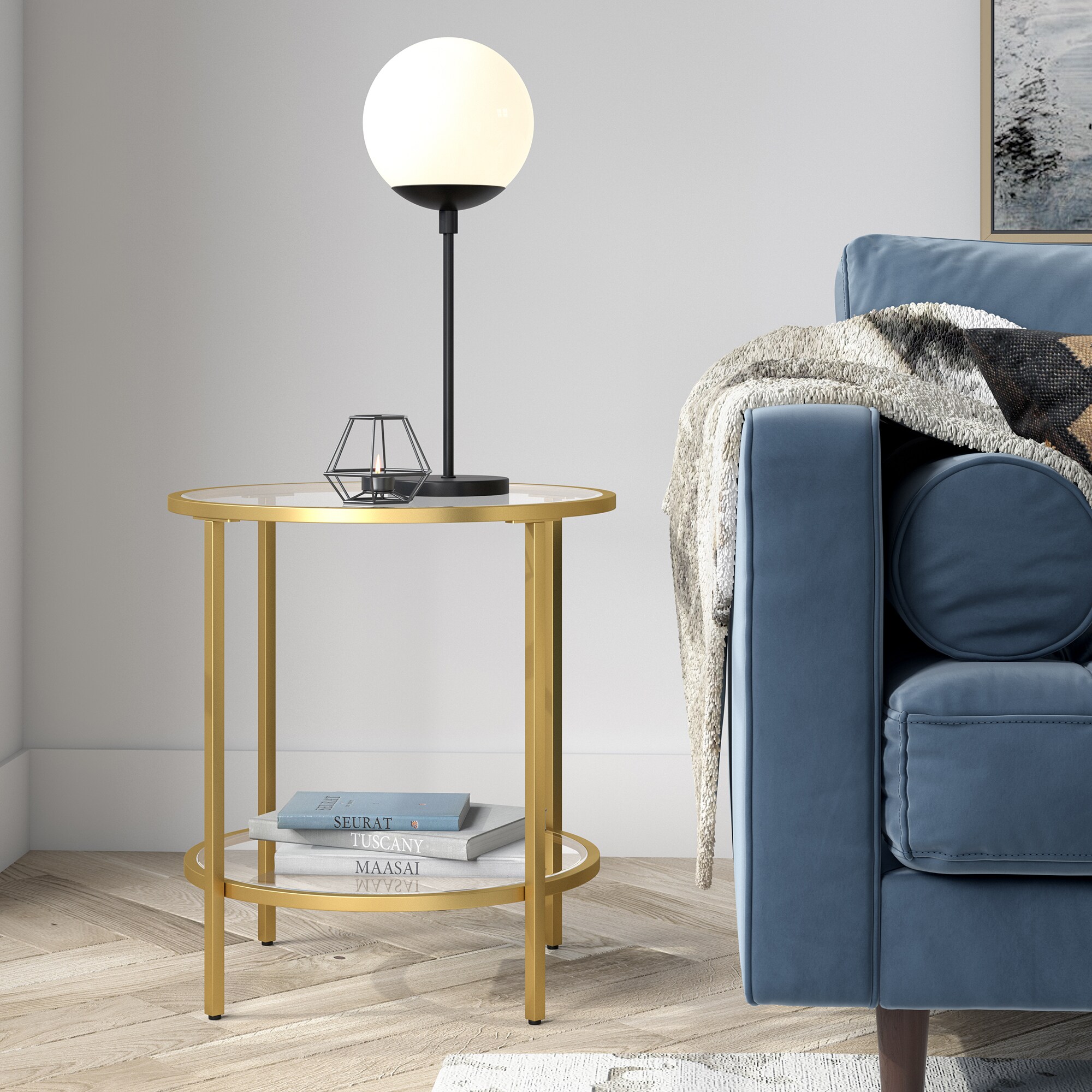 20" Round Brass & Glass Compact Side Table with Shelf