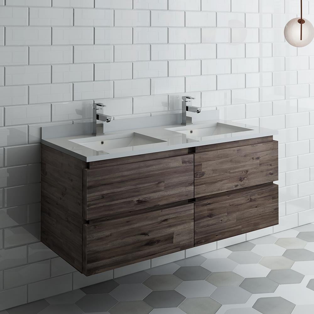 Transitional 48" Double Sink Wall-Mounted Vanity in Brown with Quartz Top