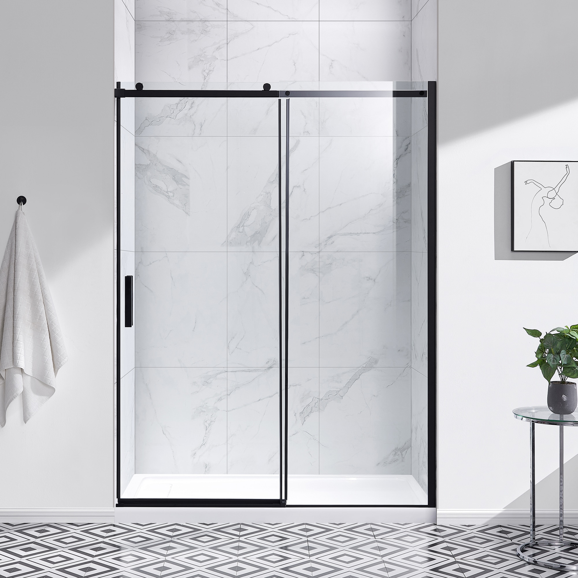 allen + roth DAVIDSON-60GP-MB Davidson Matte black 55-11/16-in to 60-1/16-in W x 78.74-in H Frameless Sliding Shower door 1/4-in Thick Clear Glass