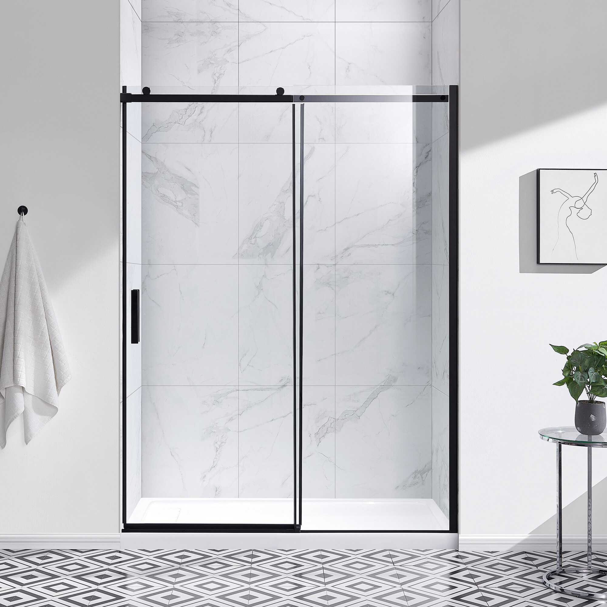 allen + roth Davidson Matte Black 55-11/16-in to 60-1/16-in W x 78.74-in H Semi-frameless Sliding Shower Door