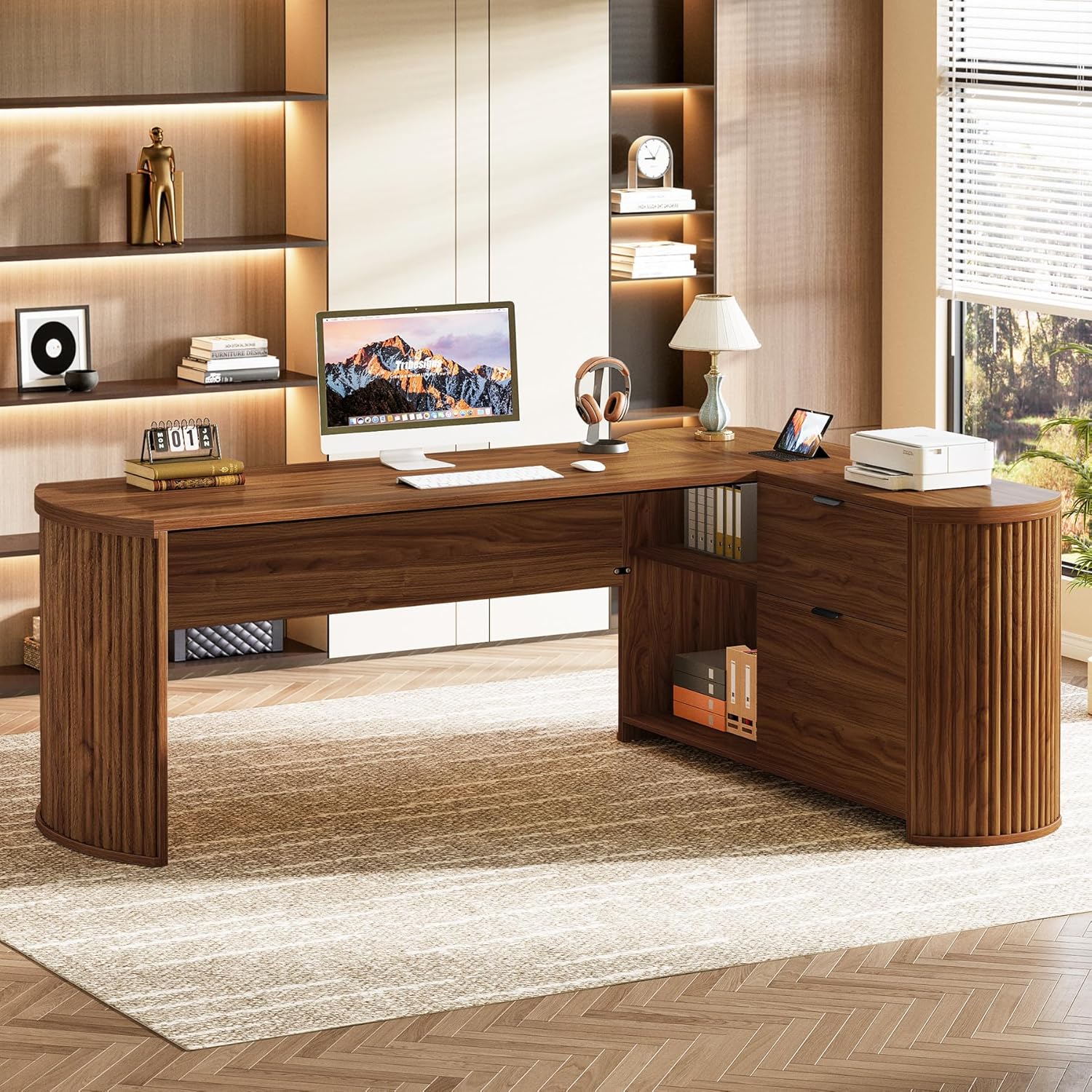 Tribesigns 79 inch W Brown L Shaped Computer Desk Writing Table with File Drawers and Storage Shelves