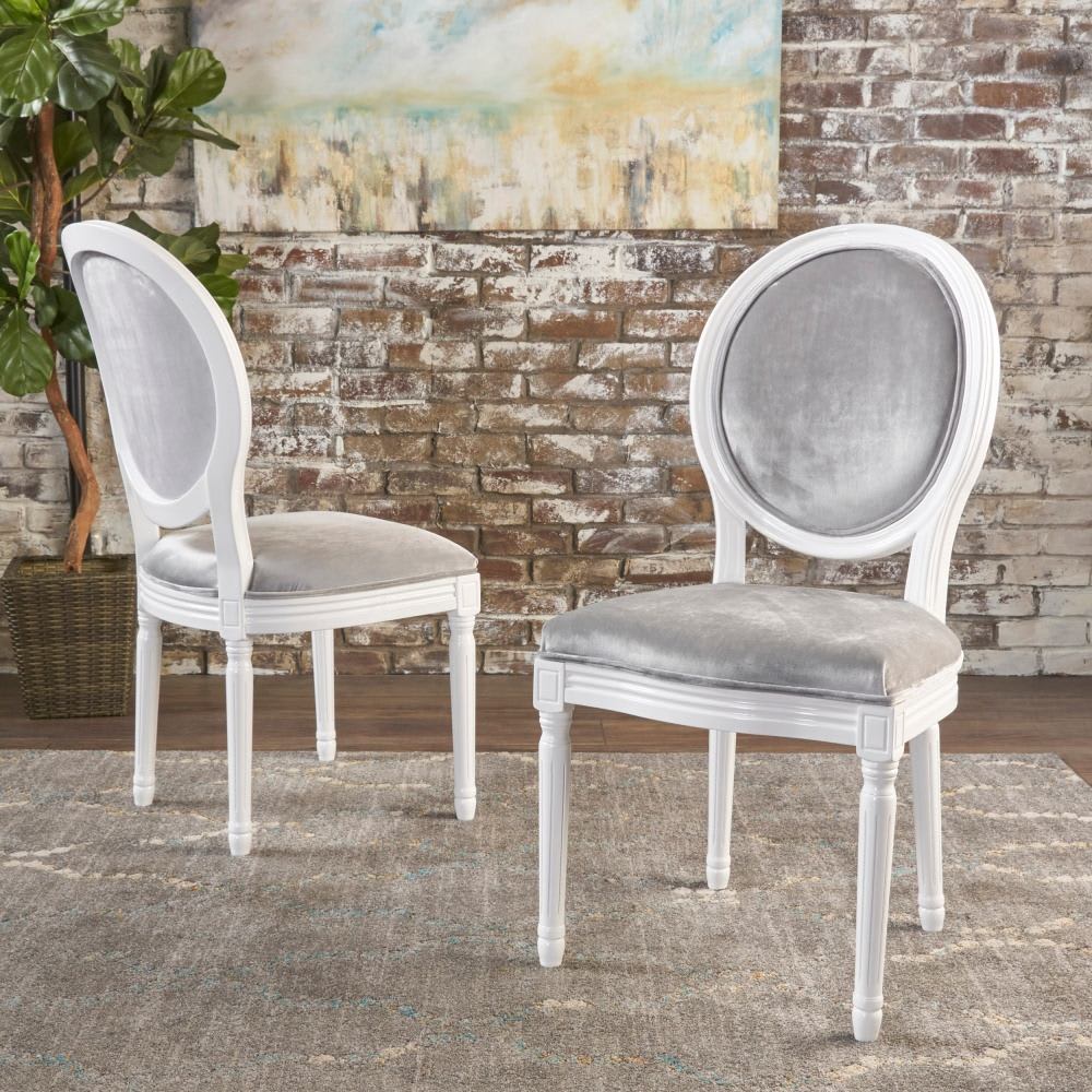 Coolbibila - French Country Dining Chairs Set of 2 Gray Velvet Upholstered Chairs with Rubberwood...
