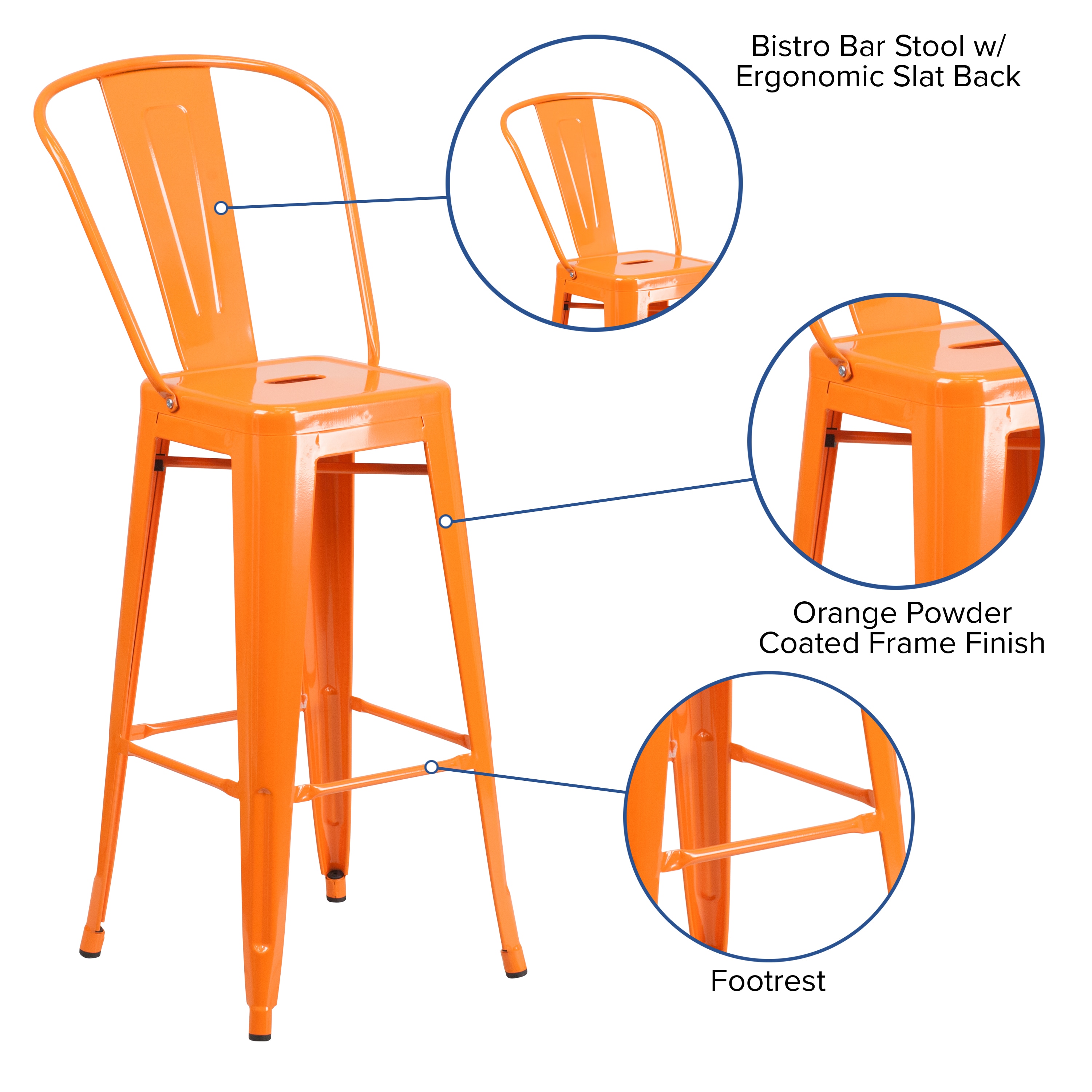 Bright Orange Metal 30" High Indoor-Outdoor Barstool with Slat Back