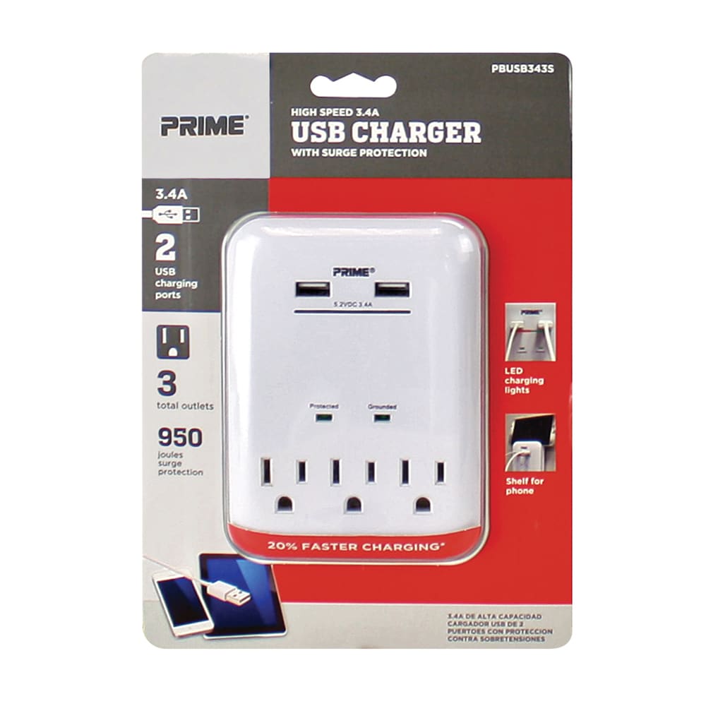PRIME PBUSB343S Surge 3 -Outlet 300 Joules 1875 -Watts 1875VA White Indoor AC Surge Protector 6 -Pack )