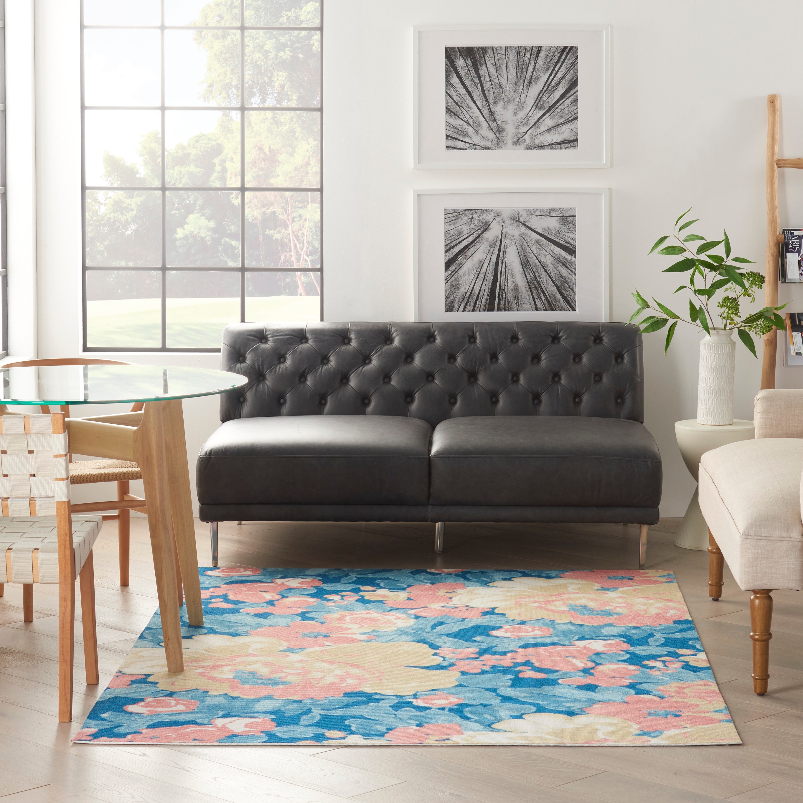Handmade Blue Floral Synthetic 5' x 7' Rectangular Rug