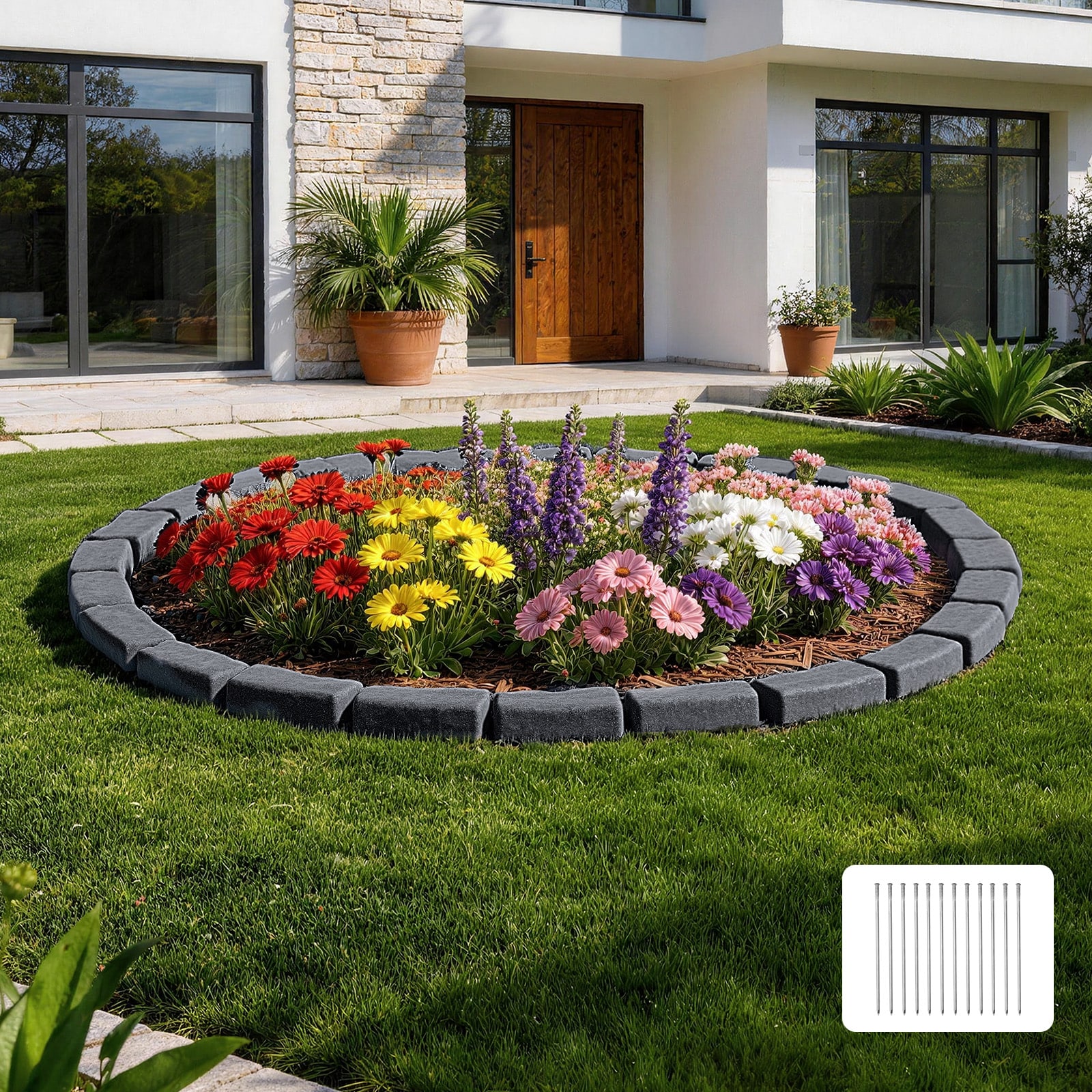 VEVOR Faux Stone Landscape Edging 15.5 ft Kit No Dig Garden Edging Border Blocks for Lawn Flower Beds Yards 4 Pack Each Section Has 6 Bricks 46.46inL x 3.74inW x 2.24inH 12 Spikes Charcoal Black