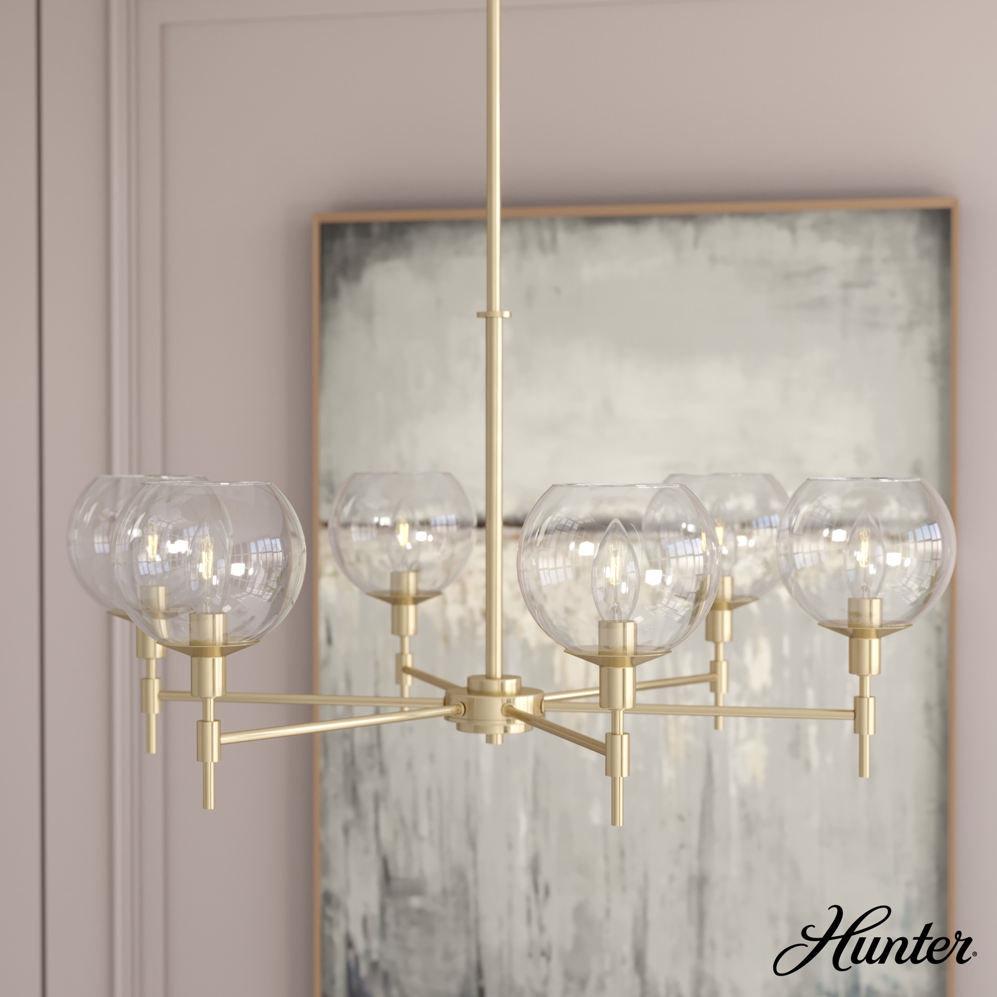 Hunter 19743 Xidane 6 -Light Satin Gold Mid-century Crystal For Use in Bedrooms, Dining Rooms, Foyers, Kitchens, Living Rooms Chandelier