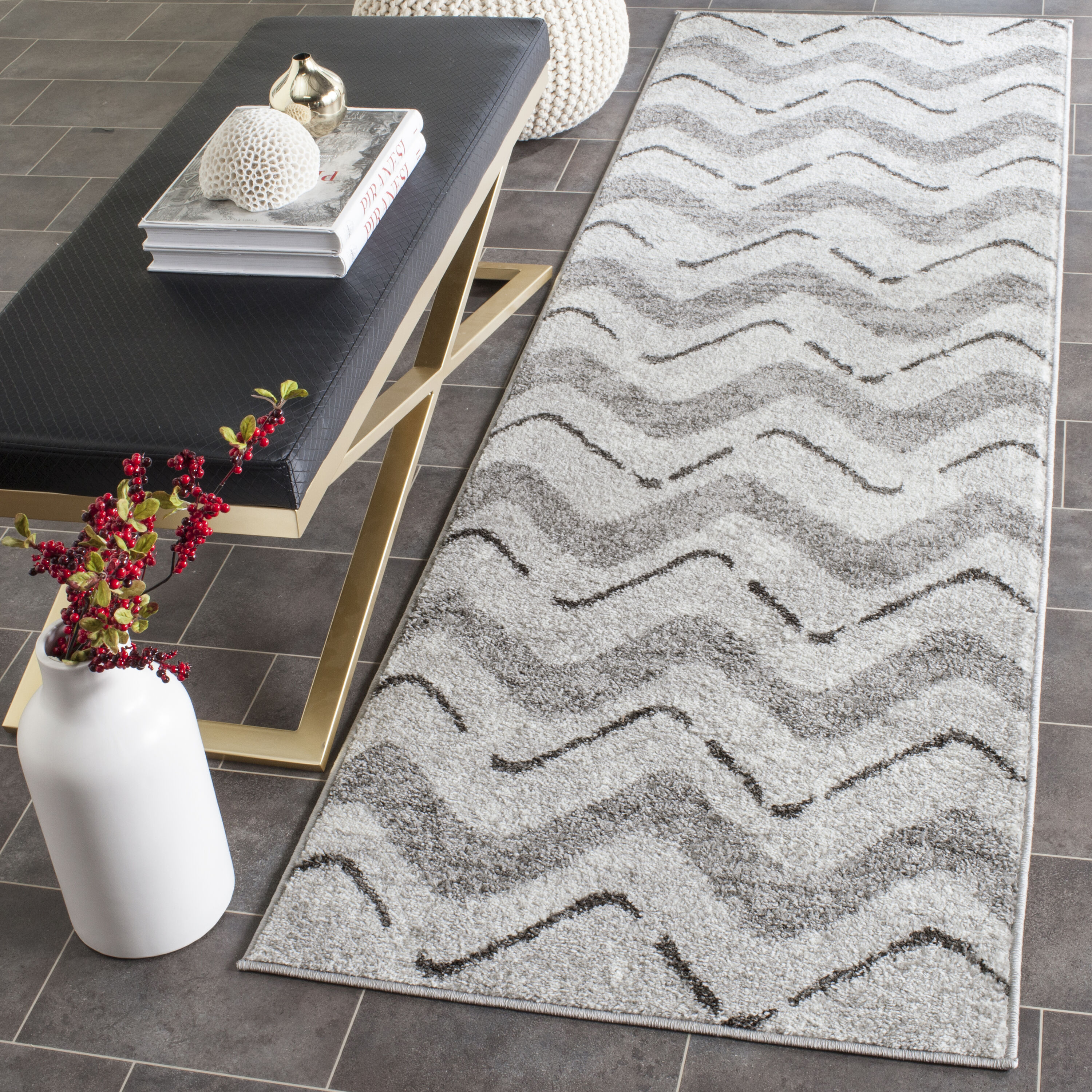 Silver and Charcoal Chevron Synthetic Area Rug, 2'6" x 6'