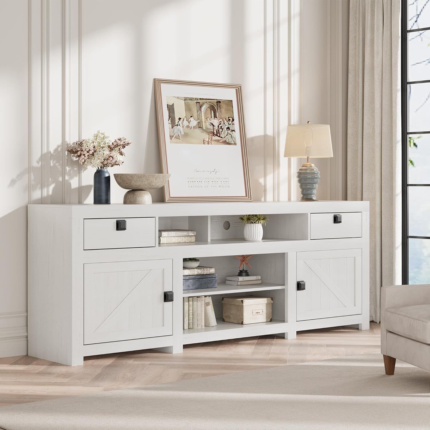 Qeetex GGL-PHK-3363B5G9 Farmhouse TV Stand for 75/80 Inch TVs 70in Long Entertainment Center with 4 Storage Drawers-3 Open Shelf White Television Consoles Stands for Living Room