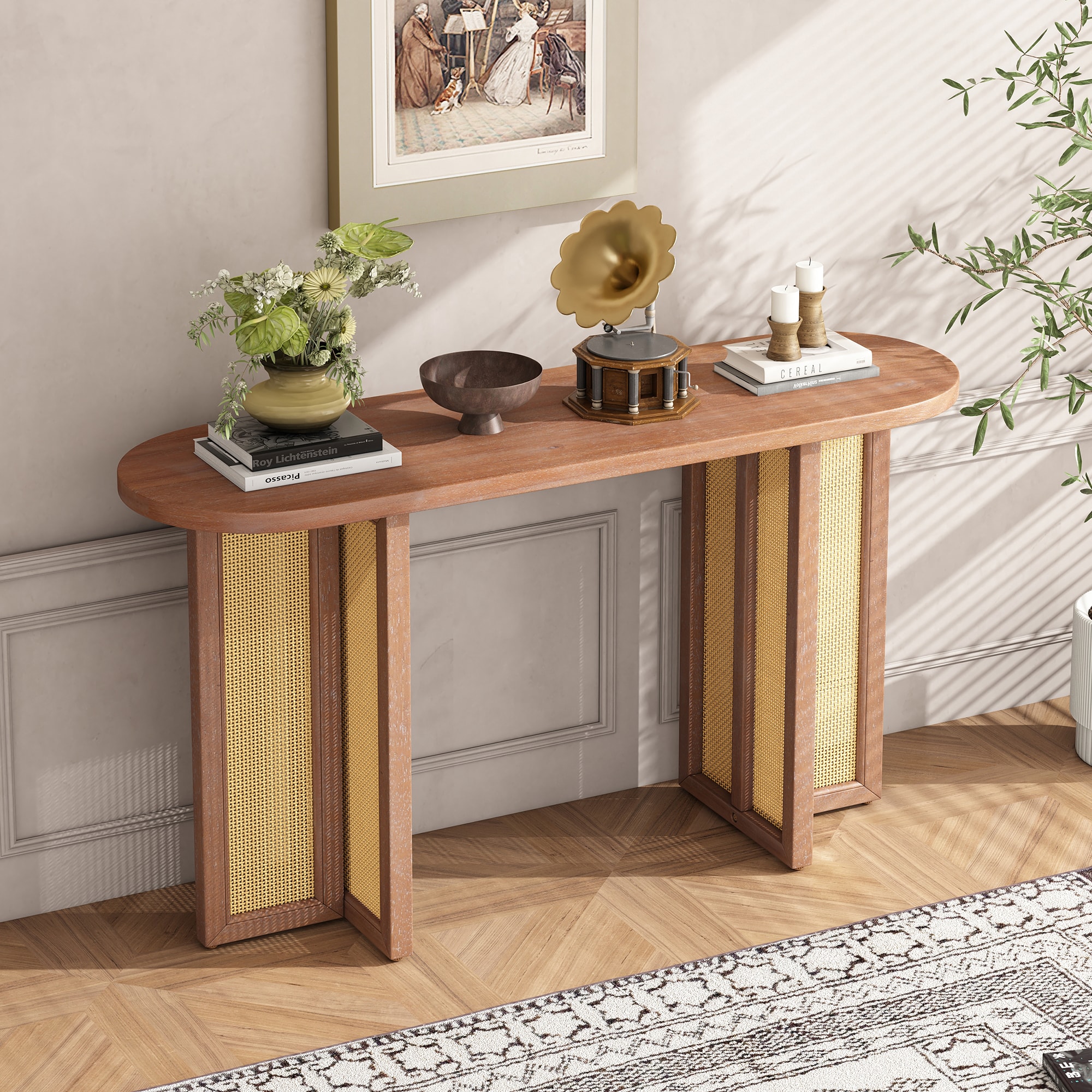 ModernLuxe N715P245743D Farmhouse Rattan Console Table Entryway Table Narrow Console Table with Storage Hallway Table for Living Room Entrance Natural Wood Wash