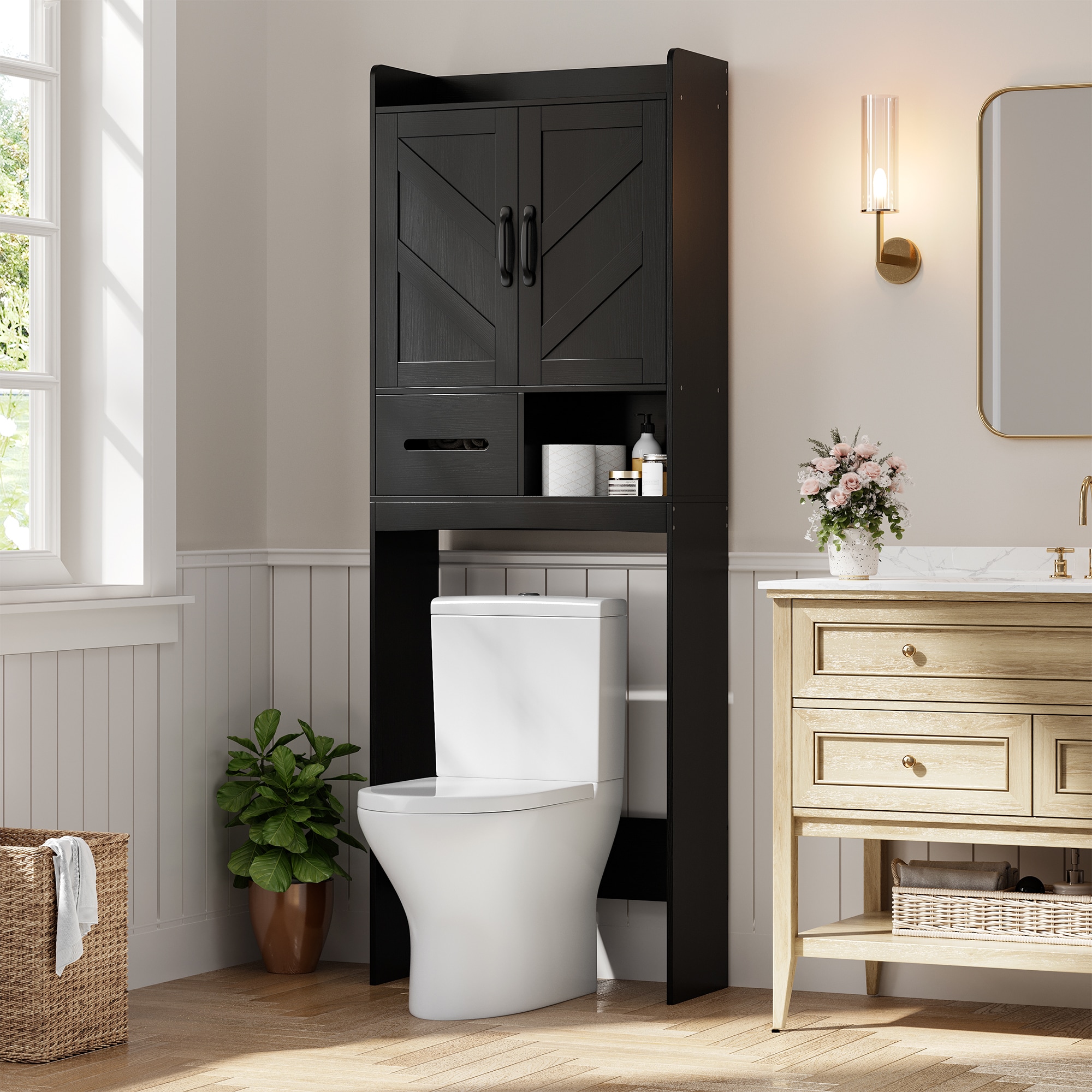 GarveeLife 23.6-in x 9.5-in x 65.3-in Black Over-the-Toilet Storage Cabinet with Adjustable Shelf and Toilet Paper Holder