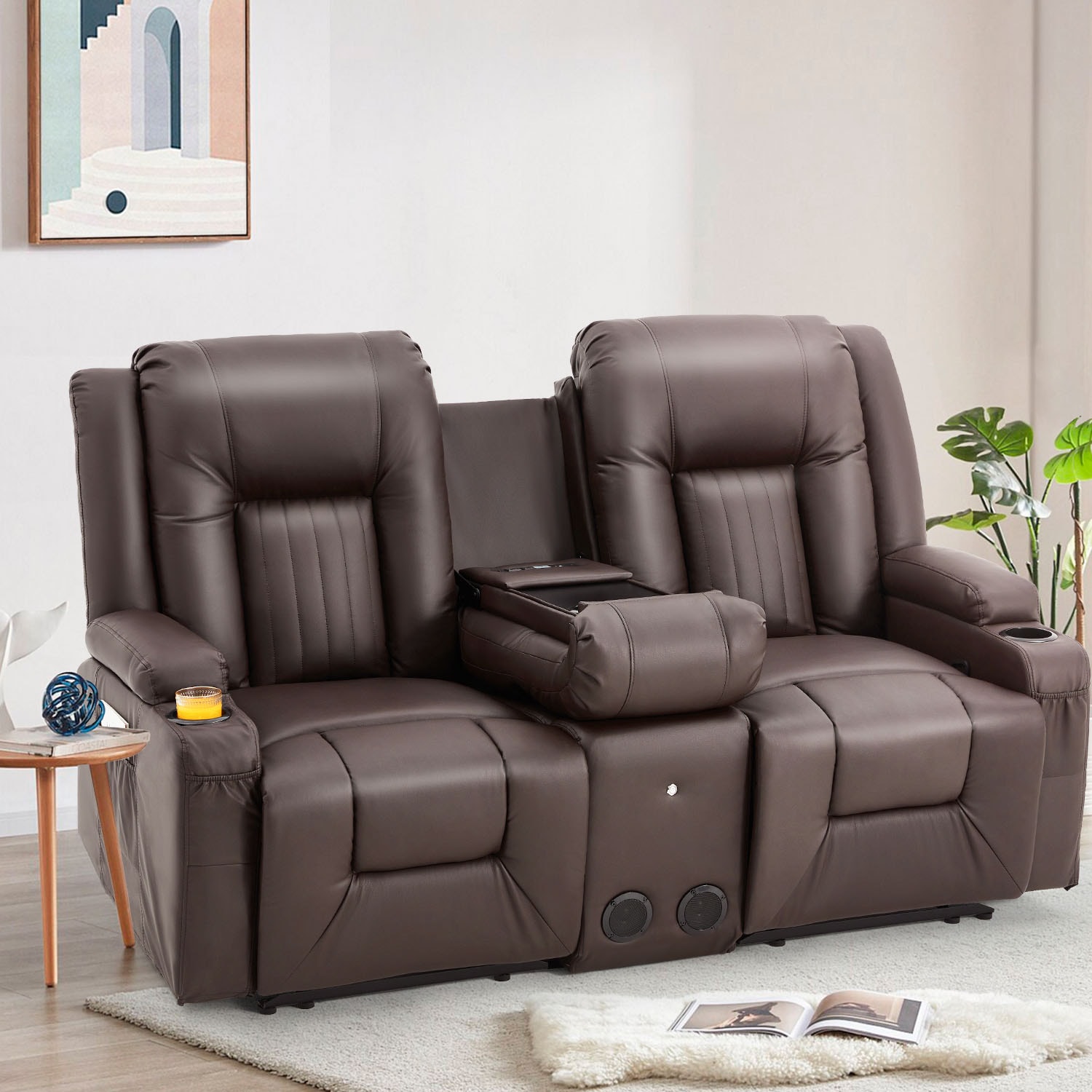 AECOJOY  Recliner Loveseat with Console and Bluetooth Speakers