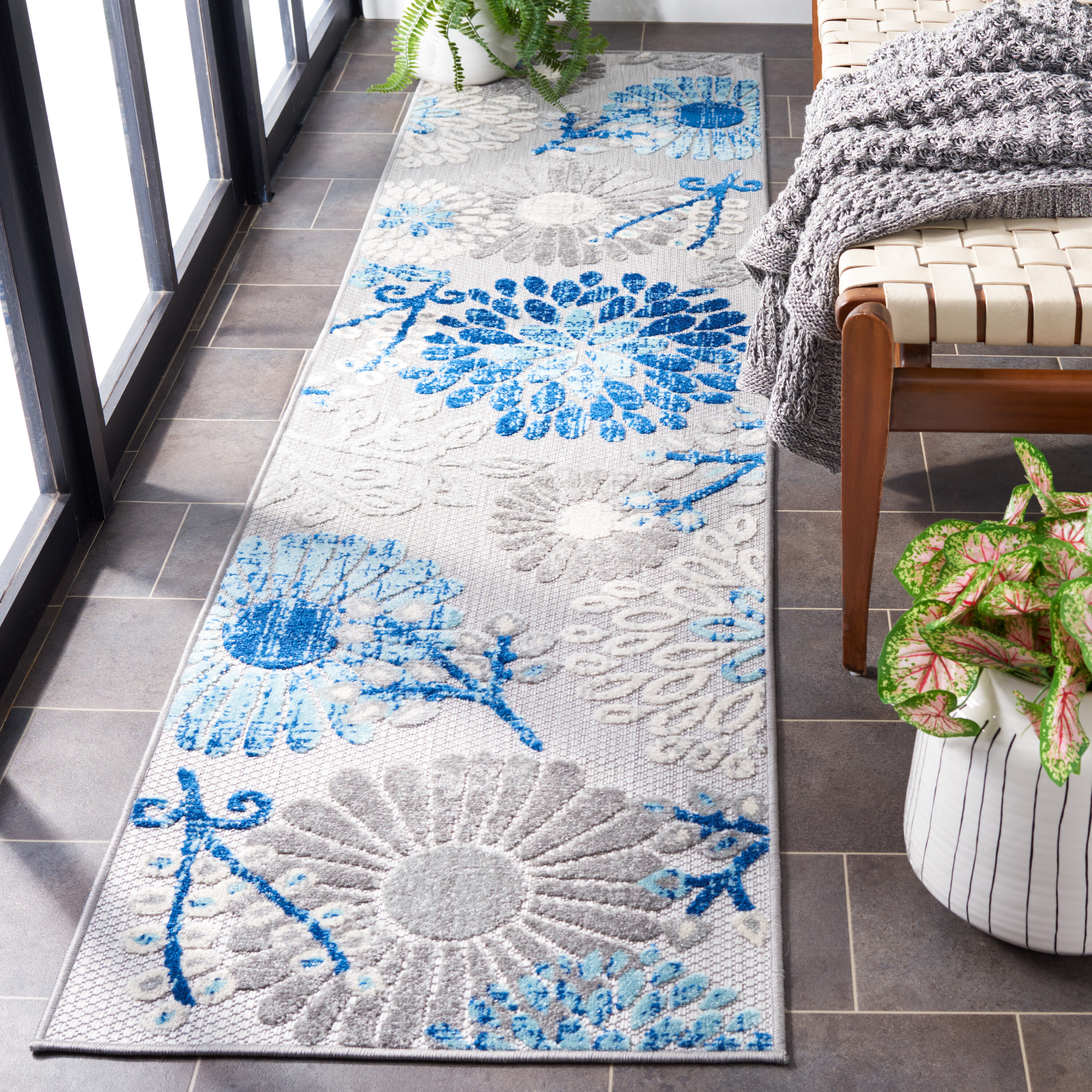 Safavieh CBN832F-218 Cabana 832F Grey / Blue Country Floral Runner 2ft x 18ft Rug