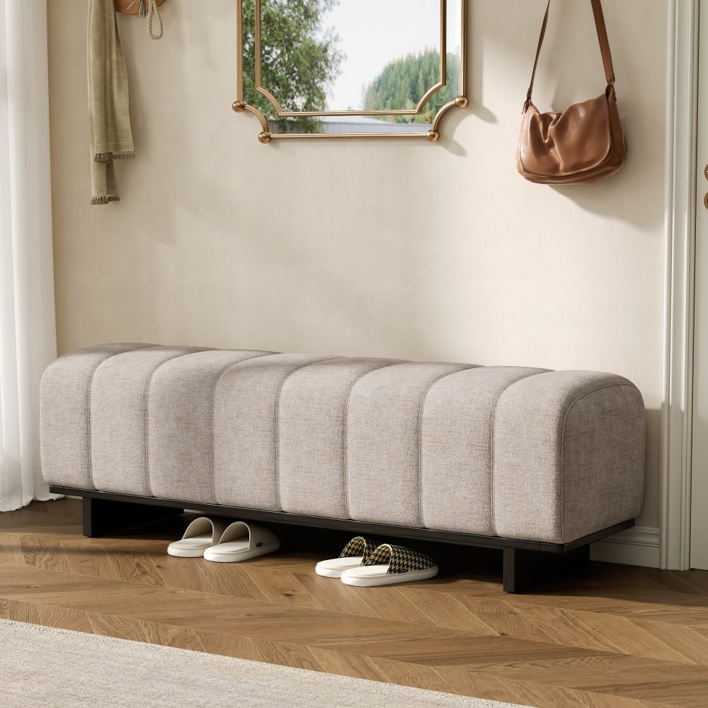 Coolbibila 64 in Modern Channel Tufted Oatmeal Chenille Upholstered Dining Bench Rubber Wood Legs