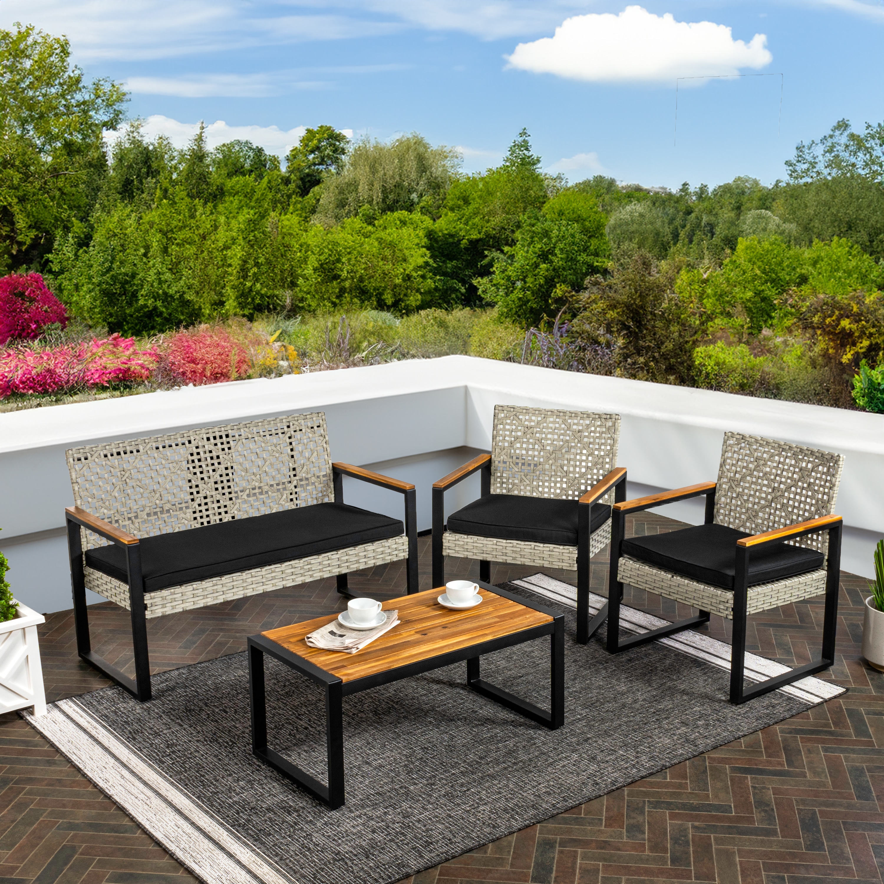 Wilder Black and Natural Faux Wicker 4-Piece Patio Set