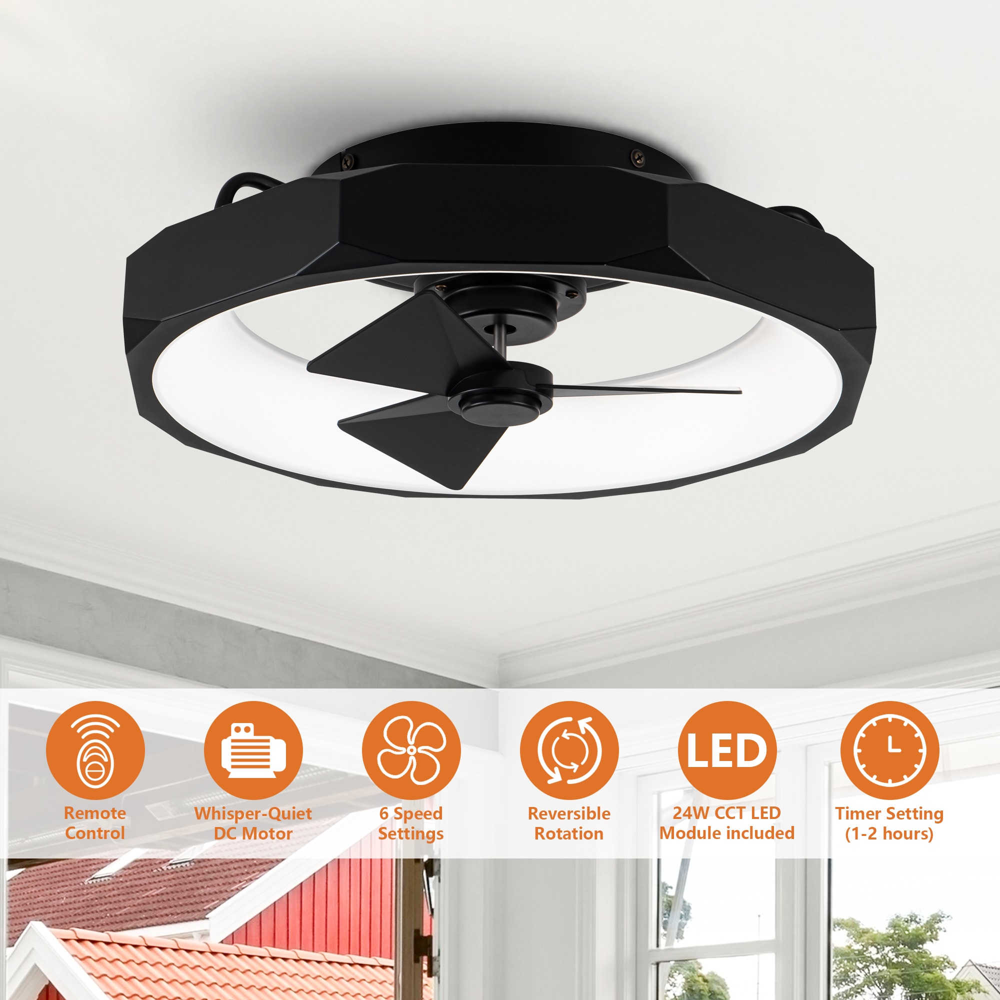 Modern Matte Black Low Profile 19" Ceiling Fan with LED Light and Remote