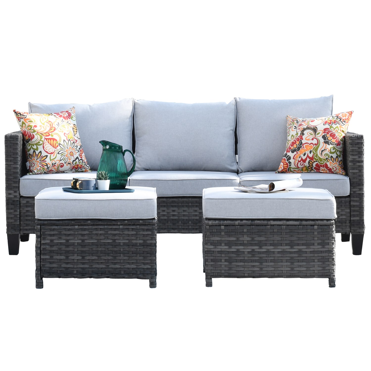 Ovios 7 Piece Rattan Patio Conversation Set with Gray Cushions in