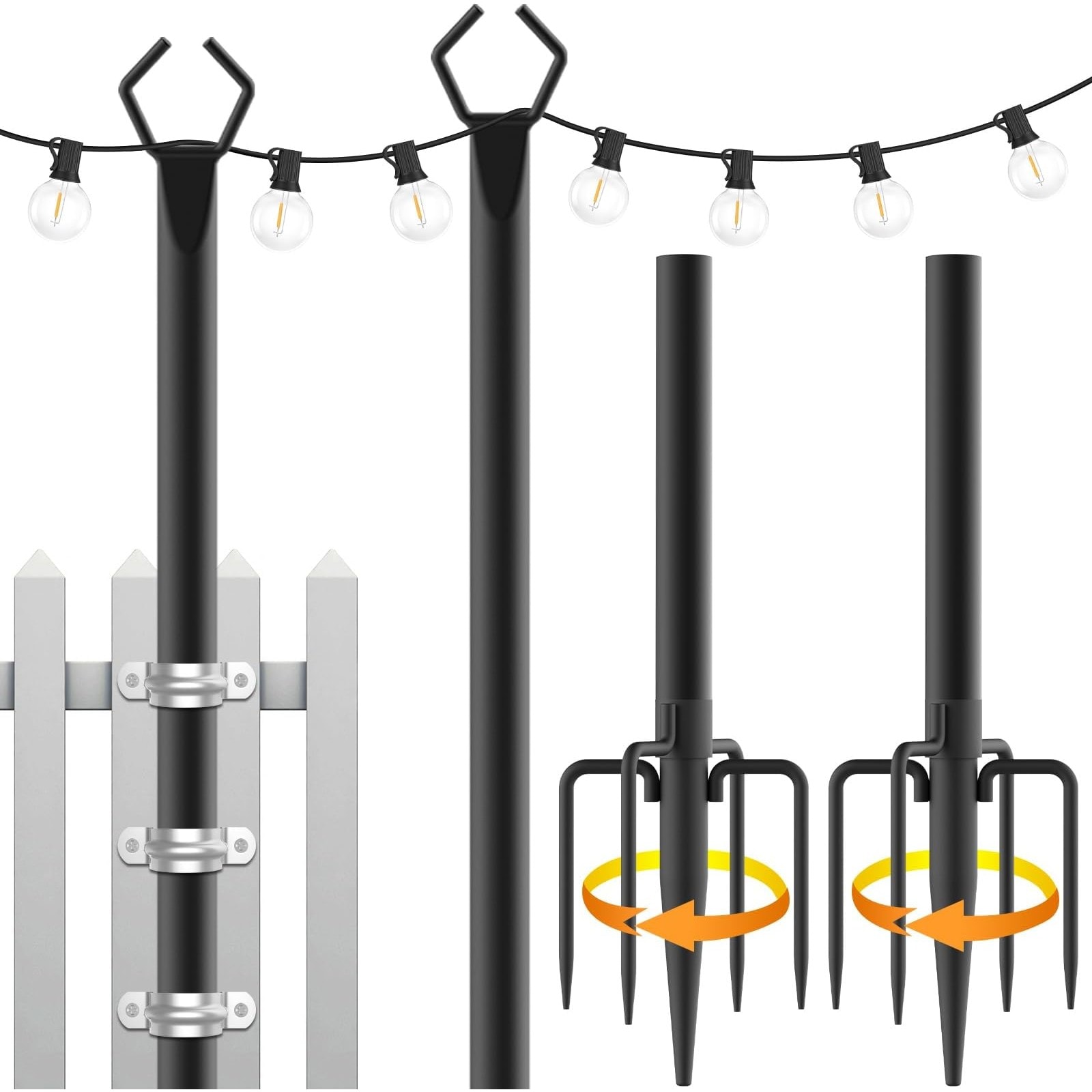 Slagawa  Black 10 ft Metal String Light Poles with Fork Stand for Outdoor Patio Deck Backyard 2 Pack
