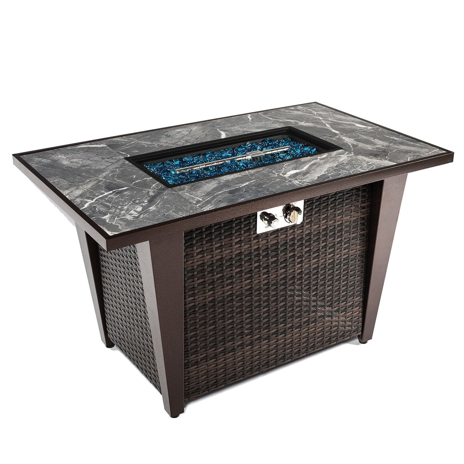 Propane Tabletop Fire Pit, 32in Gas Fire Pit Rectangle with Mixing Glass  Rocks Lid and Waterproof Cover for Patio, Pulse-Ignition 40,000BTU, Brown,  LJ1281 