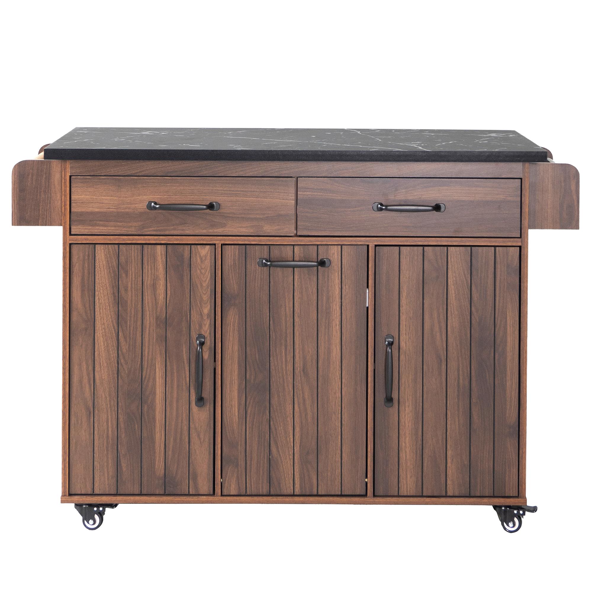 Bayfeve Kitchen Island with Trash Can Storage Cabinet, Kitchen Cart with Drop Leaf, Spice Rack, Towel Rack and Drawer, Rolling Kitchen Island on Wheels with Adjustable Shelf, Walnut Brown