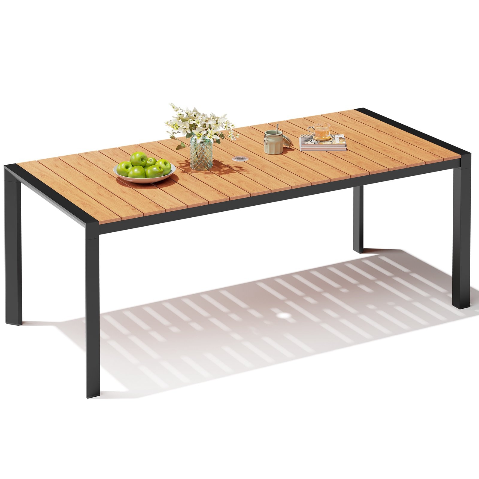 Crestlive Products CL-TB062BRN180 72-in Large Patio Plastic-Wood Top Aluminum Frame Rectangle Outdoor Dining Table 32.8-in W x 71.42-in L with Umbrella Hole