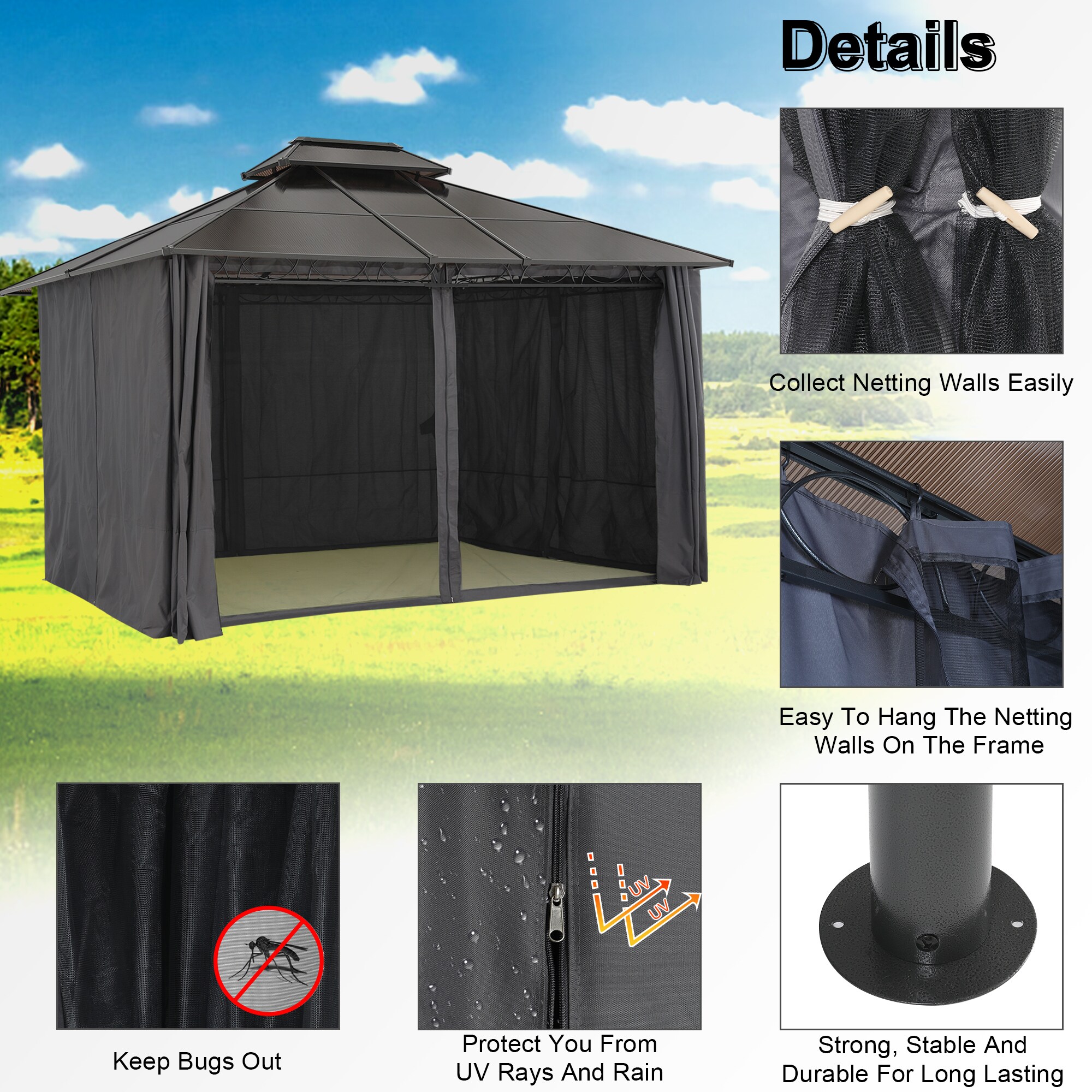 ABCCANOPY 10-ft x 10-ft Dark Gray Metal Rectangle Screened Gazebo with ...