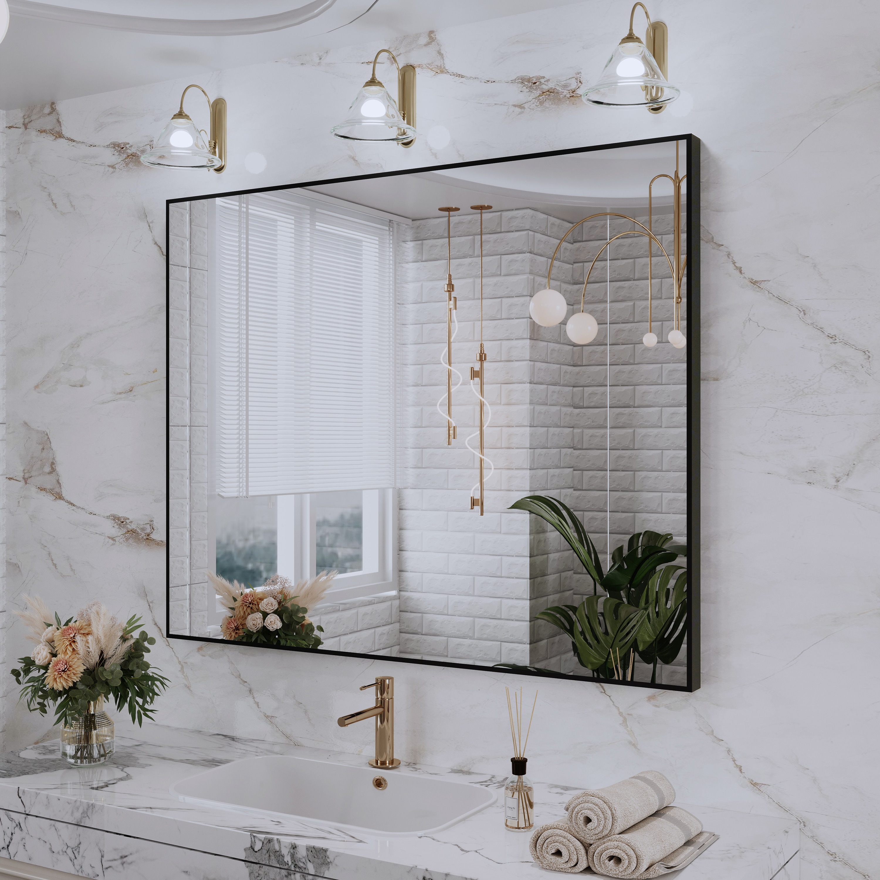 Yulika Ptjz 40-in x 32-in Framed Rectangle Bathroom Vanity Mirror ( Black )