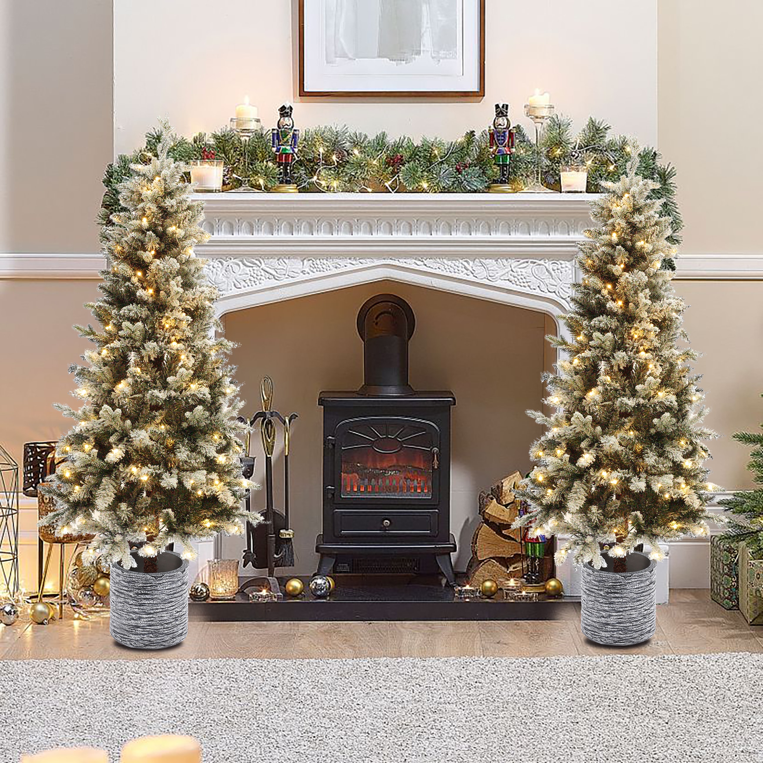 5.6 Ft Pre-Lit White Flocked Fir Christmas Tree with Gray Pot