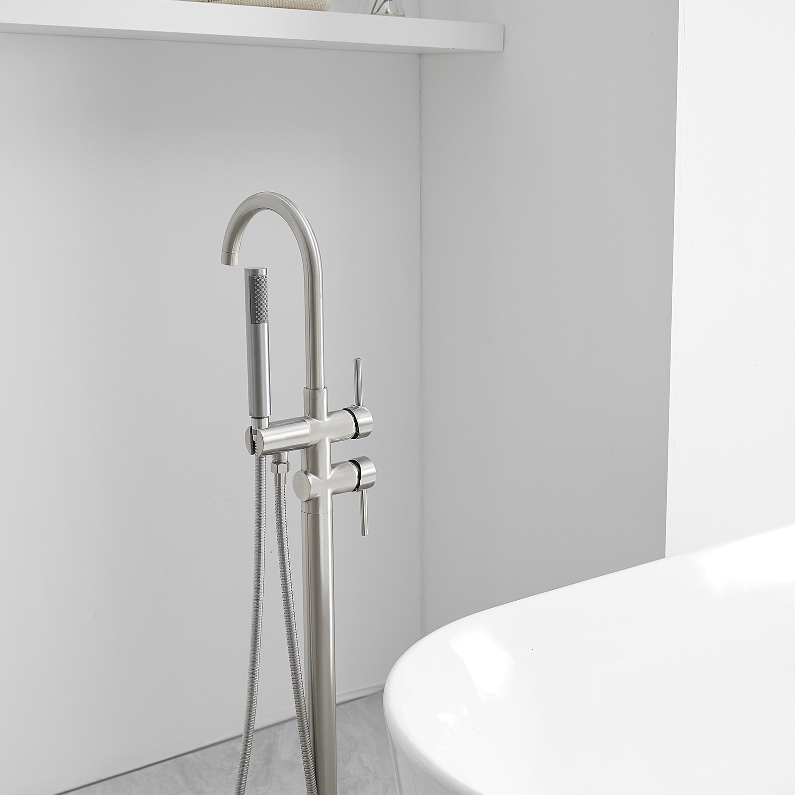 Brushed Nickel Freestanding Tub Filler with Hand Shower
