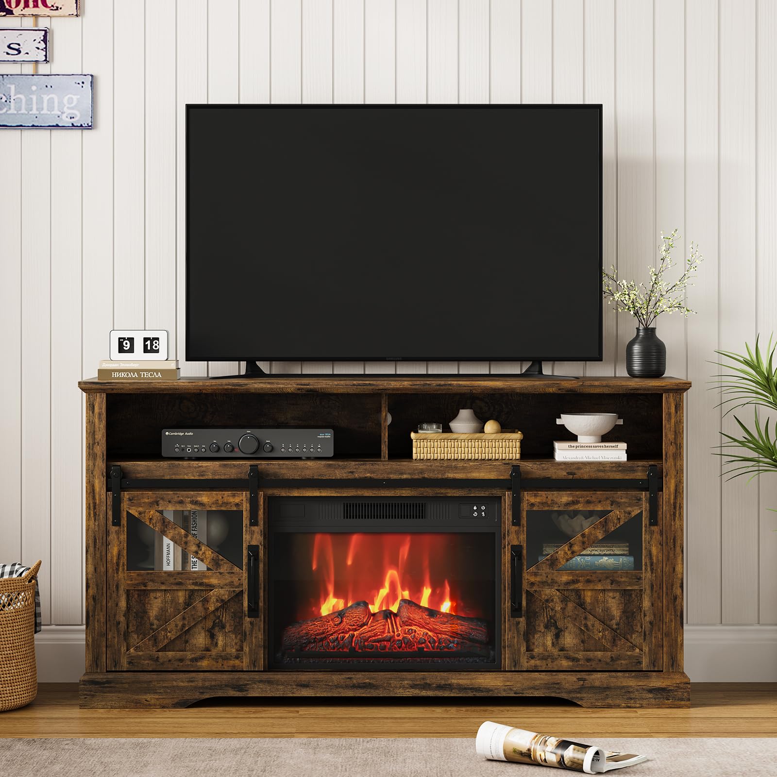 Garvee Farmhouse Fireplace TV Stand 60 inch Electric Fireplace Tv Console with 23 inch Electric Fireplace and Sliding Barn Door Large Entertainment Center for Living Room White and Brown