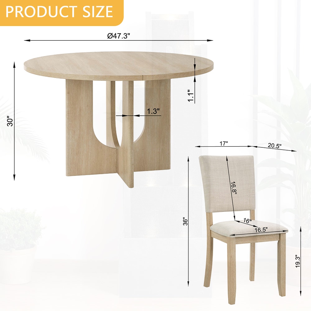 Watnature 47.3 Inch Round Dining Table Set with 4 Upholstered Chairs ...