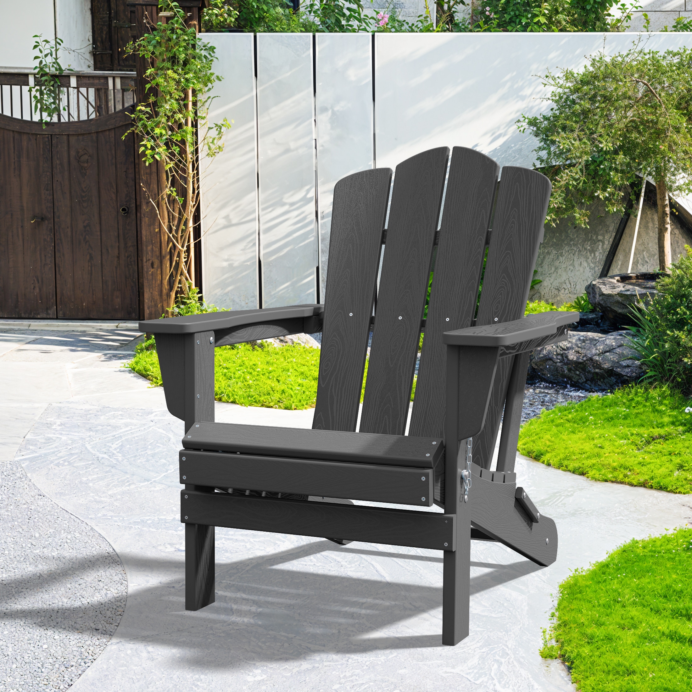 VOUA DWTJY-GY HDPE Folding Adirondack Chair Stackable Gray HDPE Frame Stationary Adirondack Chair with Slat Seat