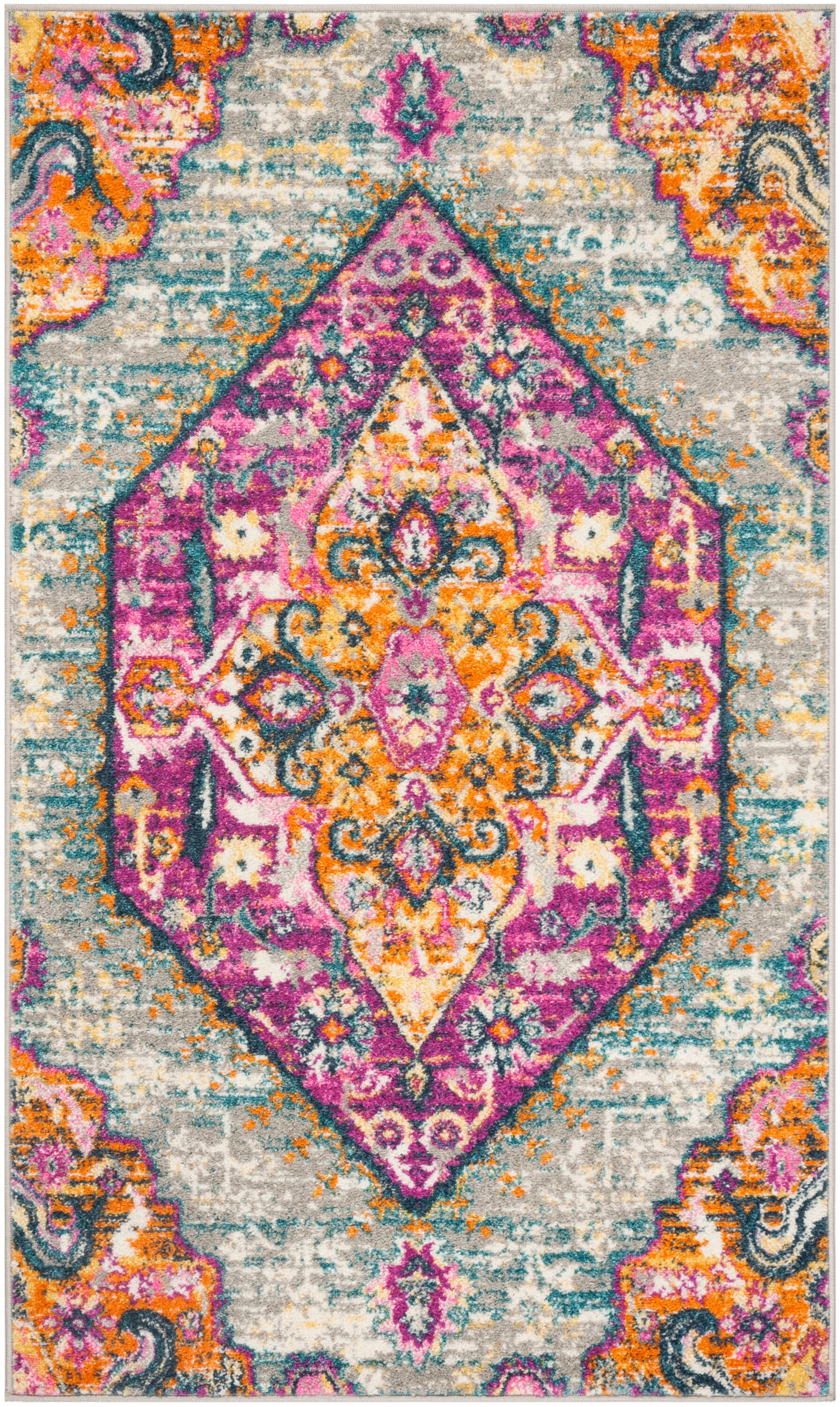 Light Grey and Fuchsia Synthetic Bohemian Area Rug