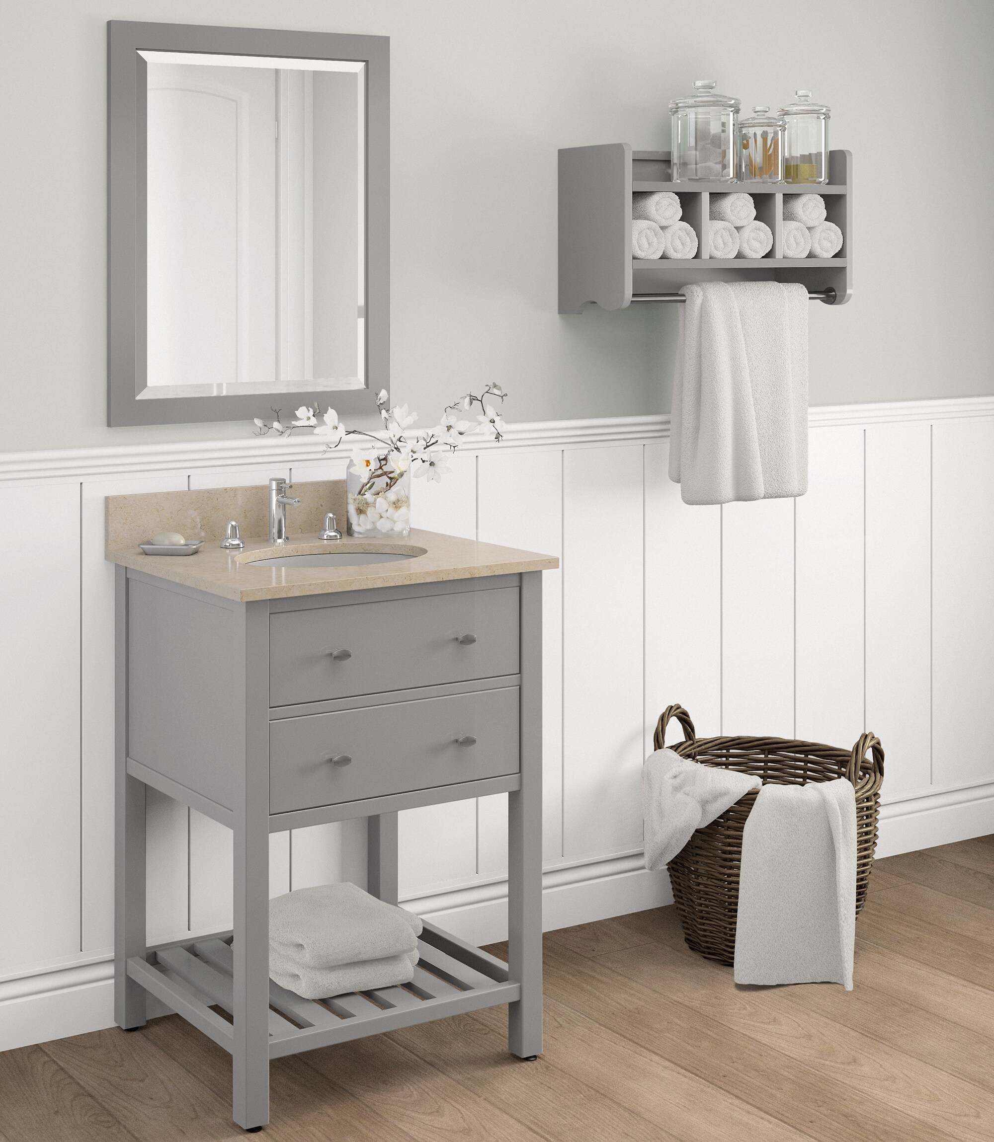 Sleek Gray Wood Framed Beveled Bath Vanity Mirror 24"x30"