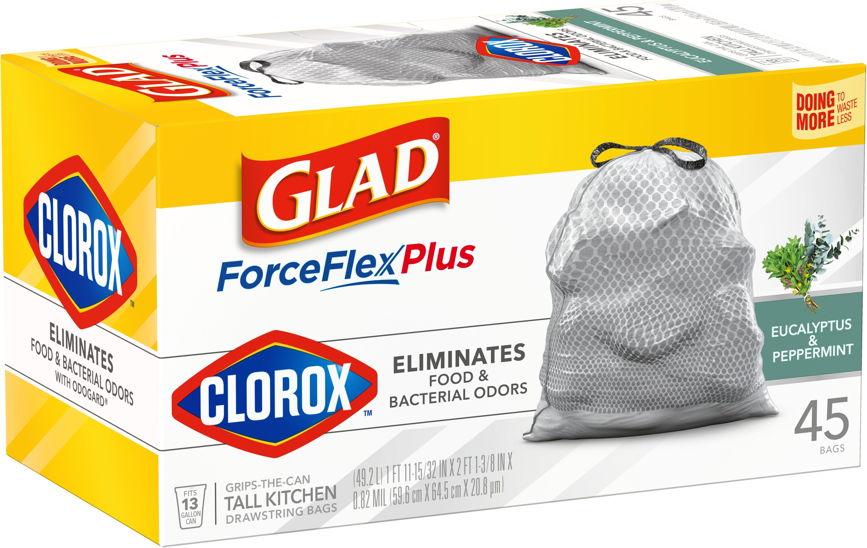 Glad ForceFlex Plus Clorox Eucalyptus & Mint Drawstring Tall Kitchen 13  Gallon Trash Bags - Shop Trash Bags at H-E-B