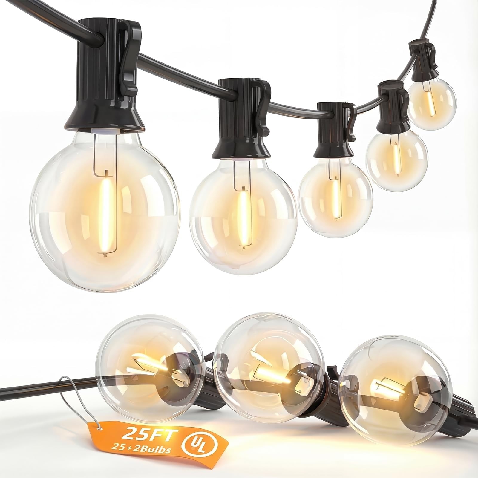 Slagawa  Black Wire 25FT G40 LED Outdoor String Lights with 25 Shatterproof Plastic Bulbs 2700K Warm White IP65 Waterproof Connectable for Patio Backyard Bistro
