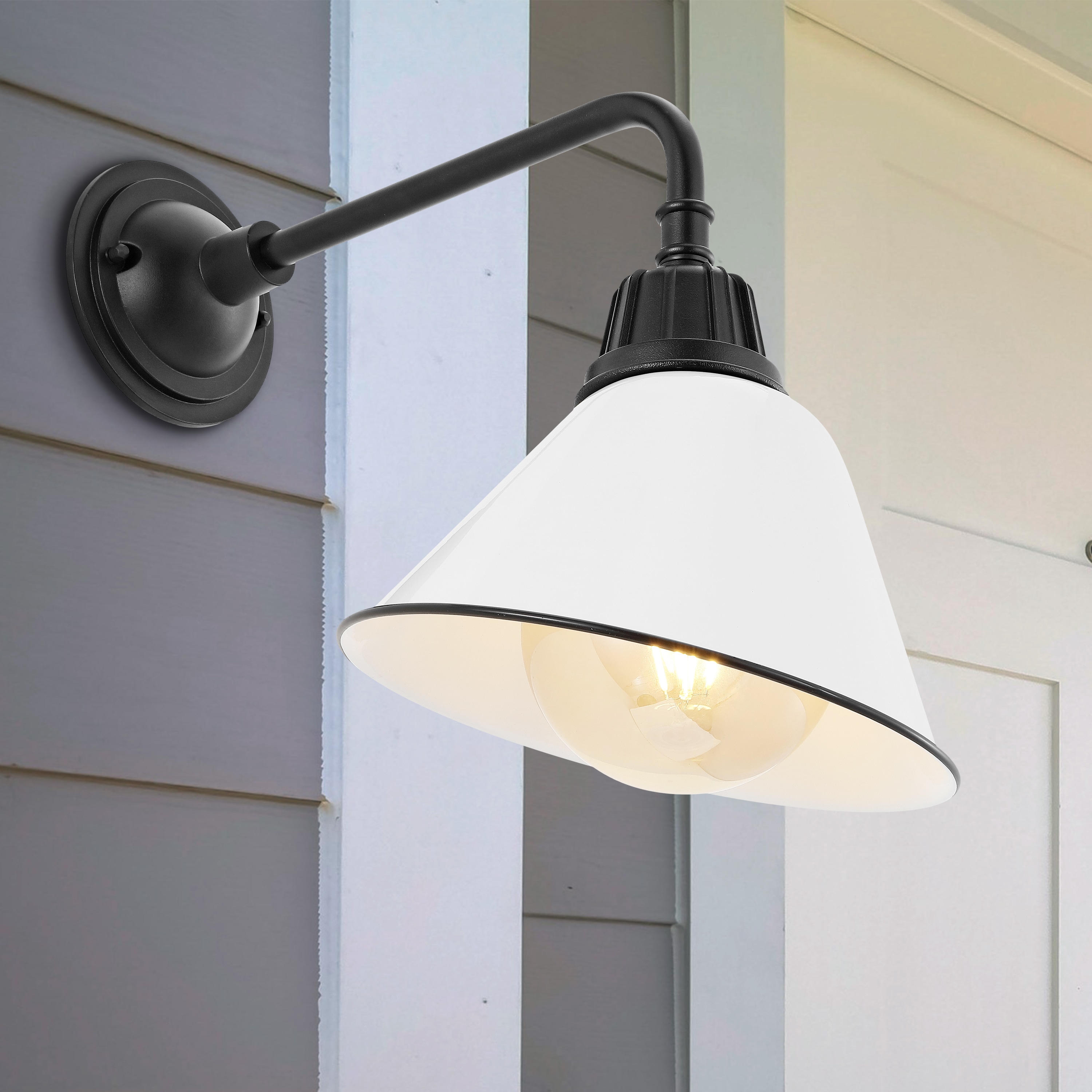 JONATHAN  Y JYL7612A Croydon Farmhouse Industrial Iron Gooseneck Arm 1 -Light 15-in H Polished White Hardwired Outdoor Wall Light