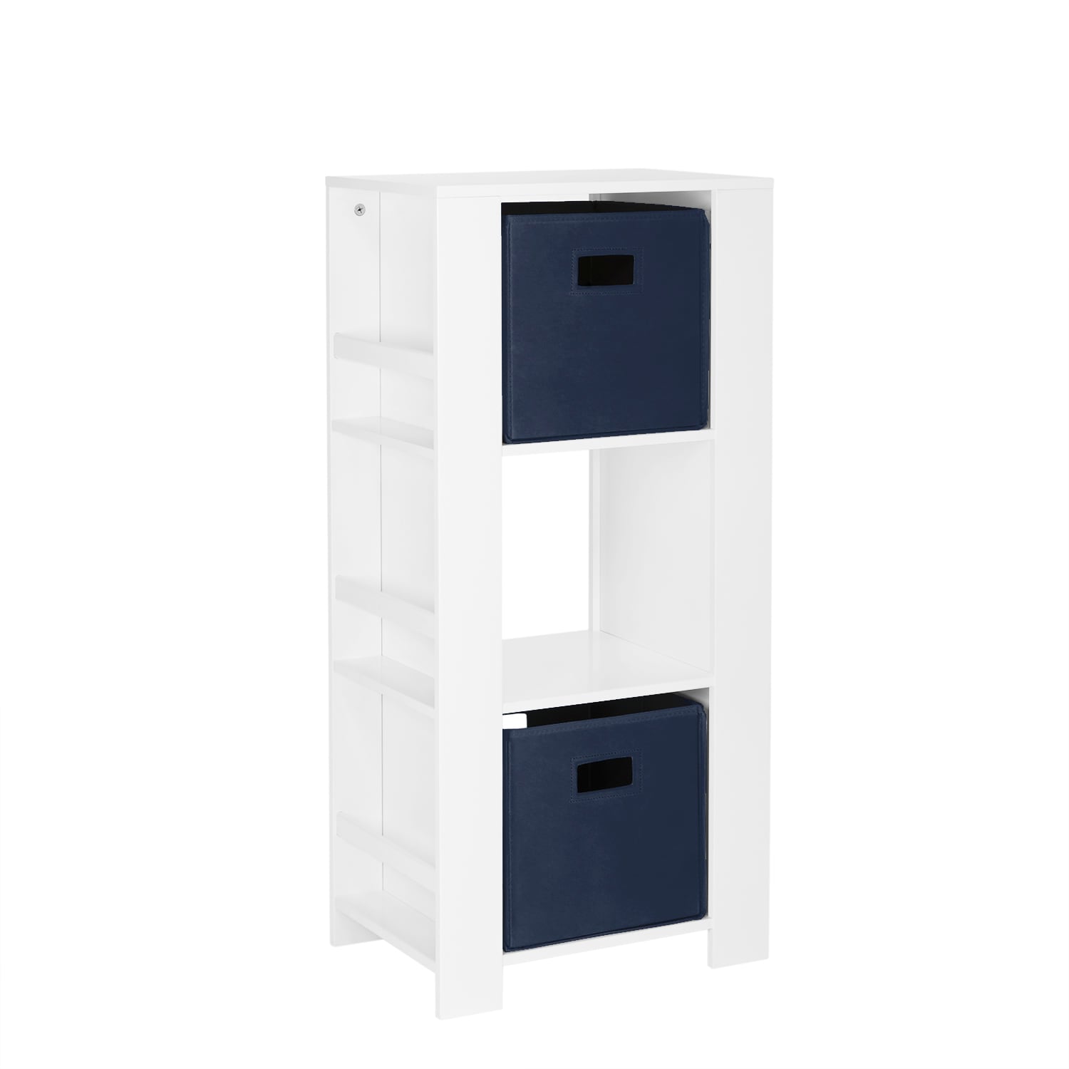 RiverRidge 02-190K Book nook cubby storage tower White with 2 Pc navy bins Kids bookcase ( 17.38-Inches W x 37-Inches H x 11.81-Inches D )