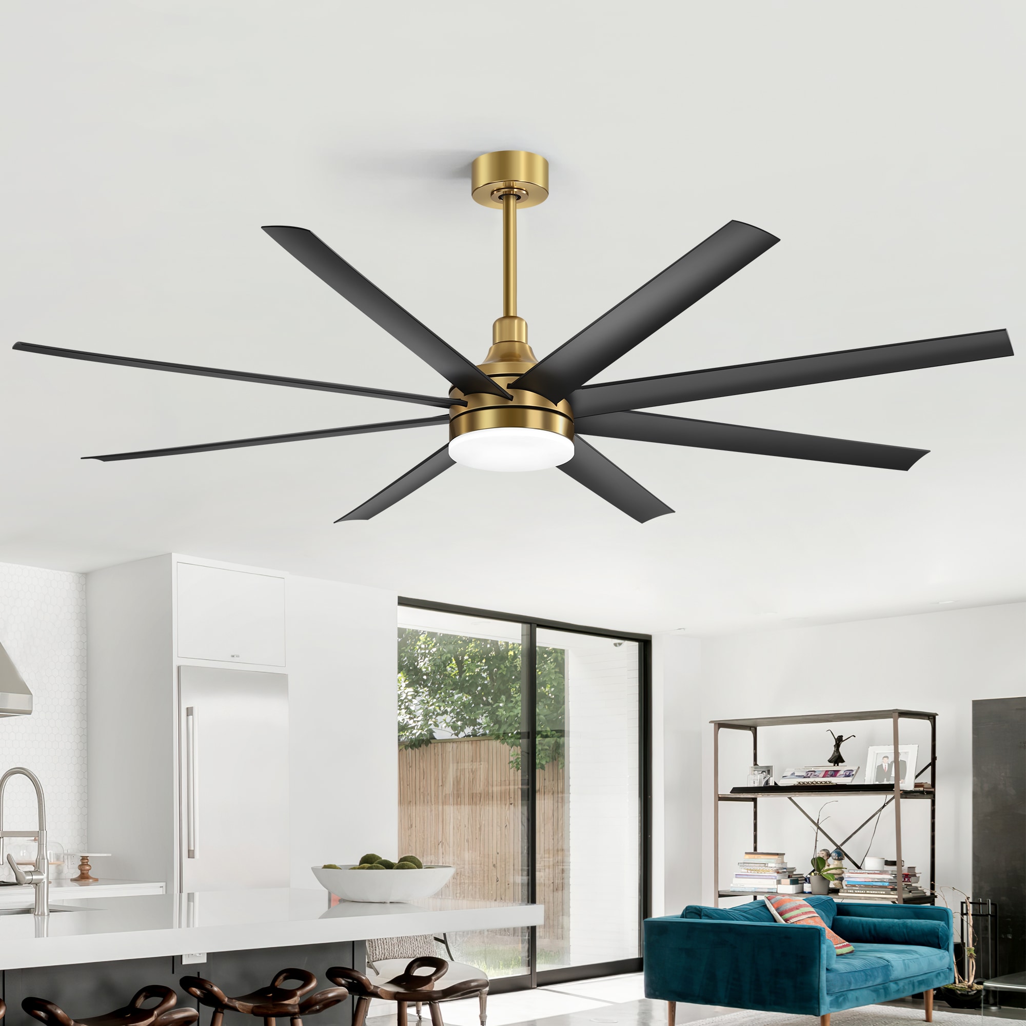 Airsurfer 65 Gold with Black Blades Integrated LED Covered Outdoor Downrod Standard Ceiling Fan with Light and Remote Control Included (8-Blade)