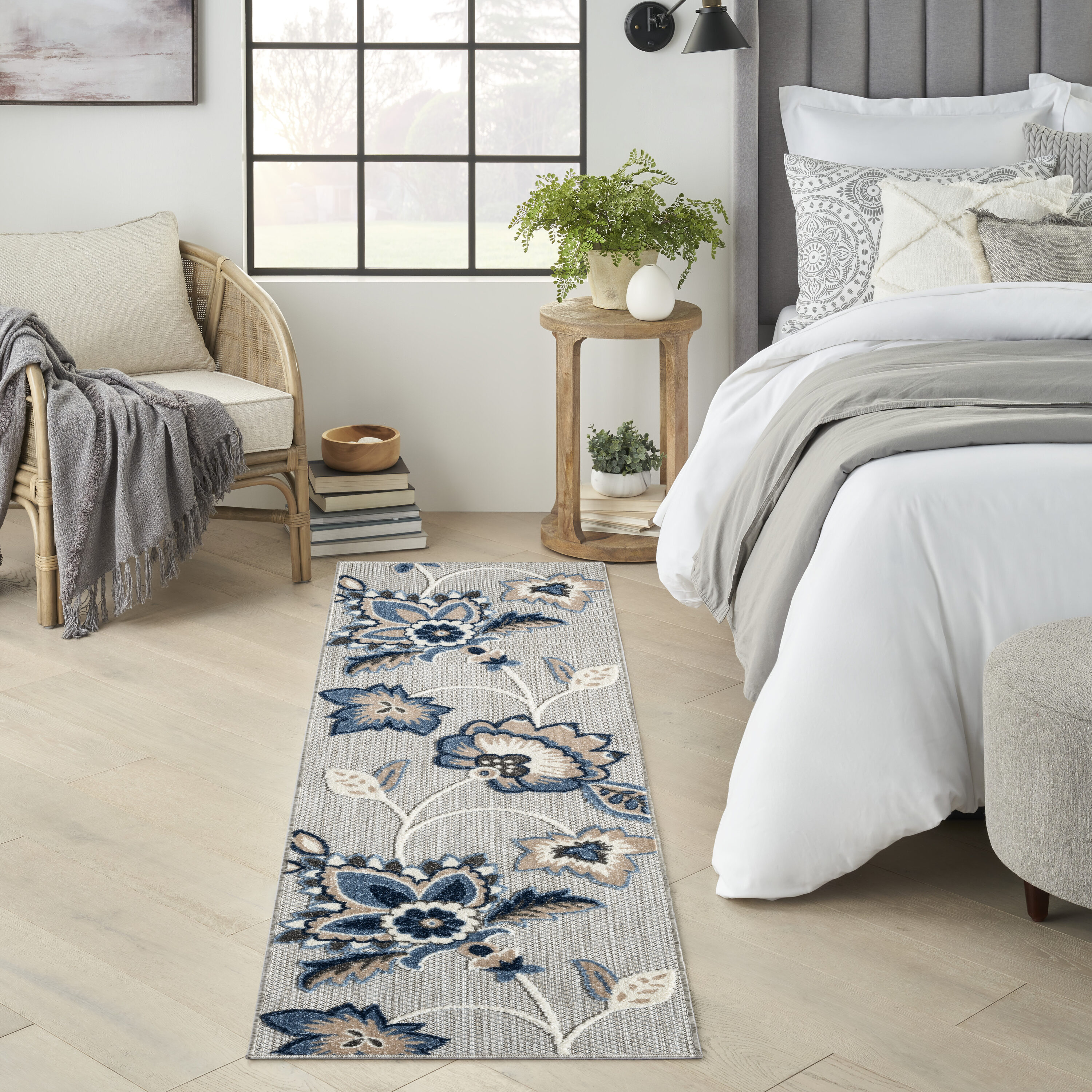 Nourison Home 099446965066 Aloha 2 x 6 (ft) Loomed Polypropylene Blue Grey Rectangular Indoor/Outdoor Floral/Botanical Farmhouse/Cottage Runner rug