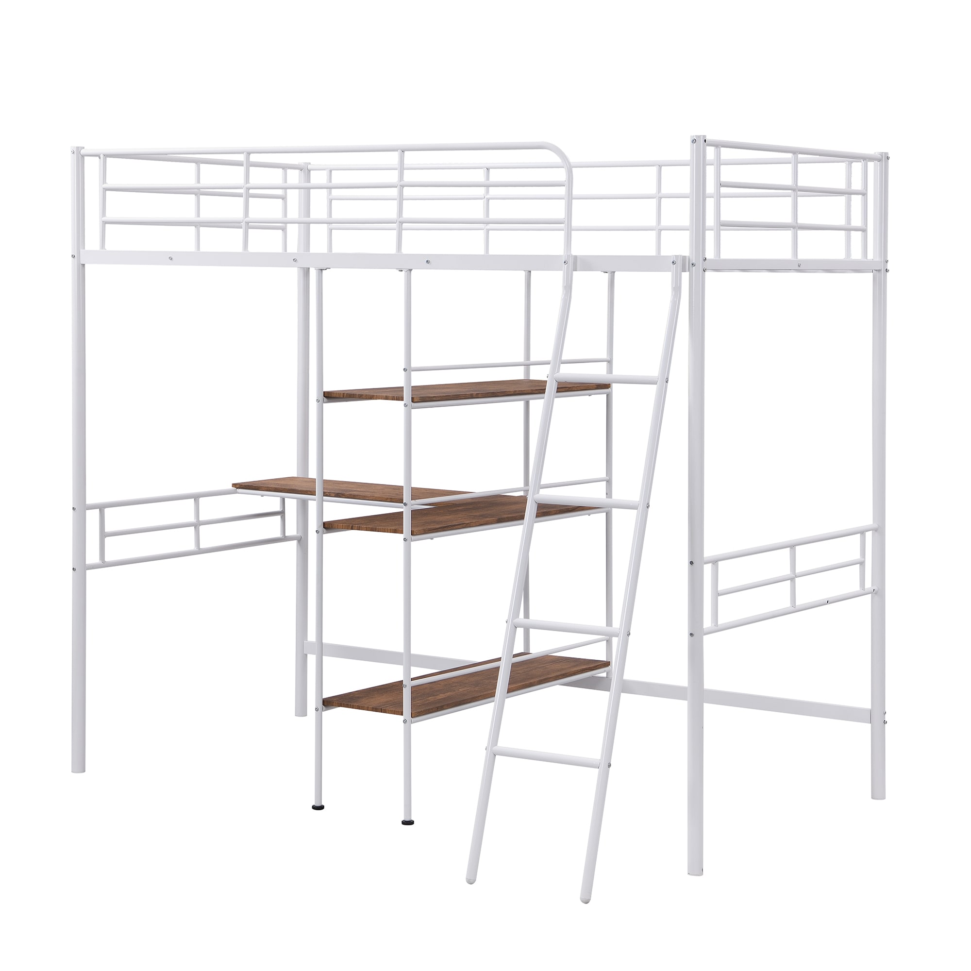 Qualler Contemporary Twin Loft Bed with Desk and Shelves, White Metal ...