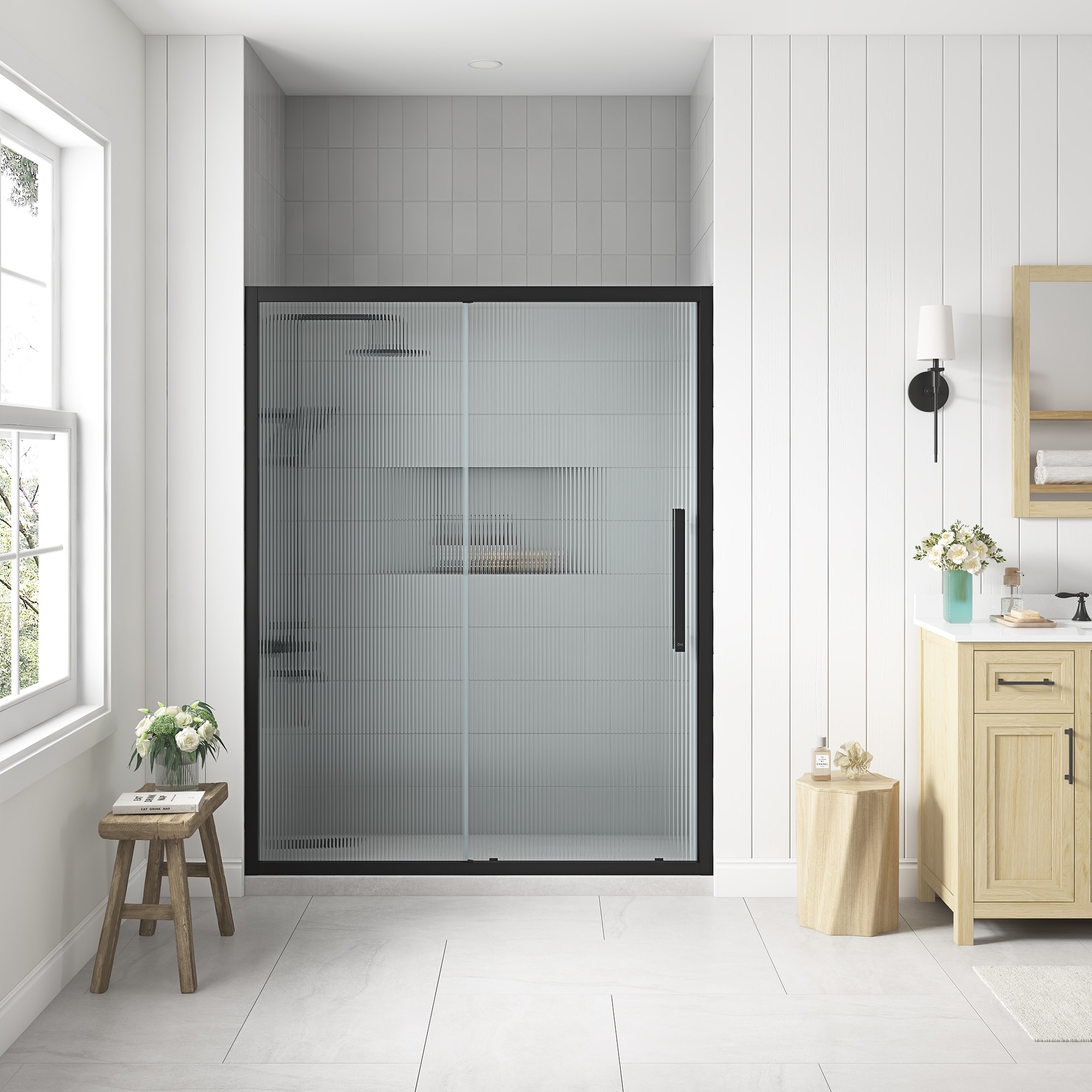 OVE Decors 15SGP-VENF60-BLK Venice Matte black 55-in to 60-in W x 73.23-in H Framed Sliding Shower door 5/16-in Thick Fluted Glass